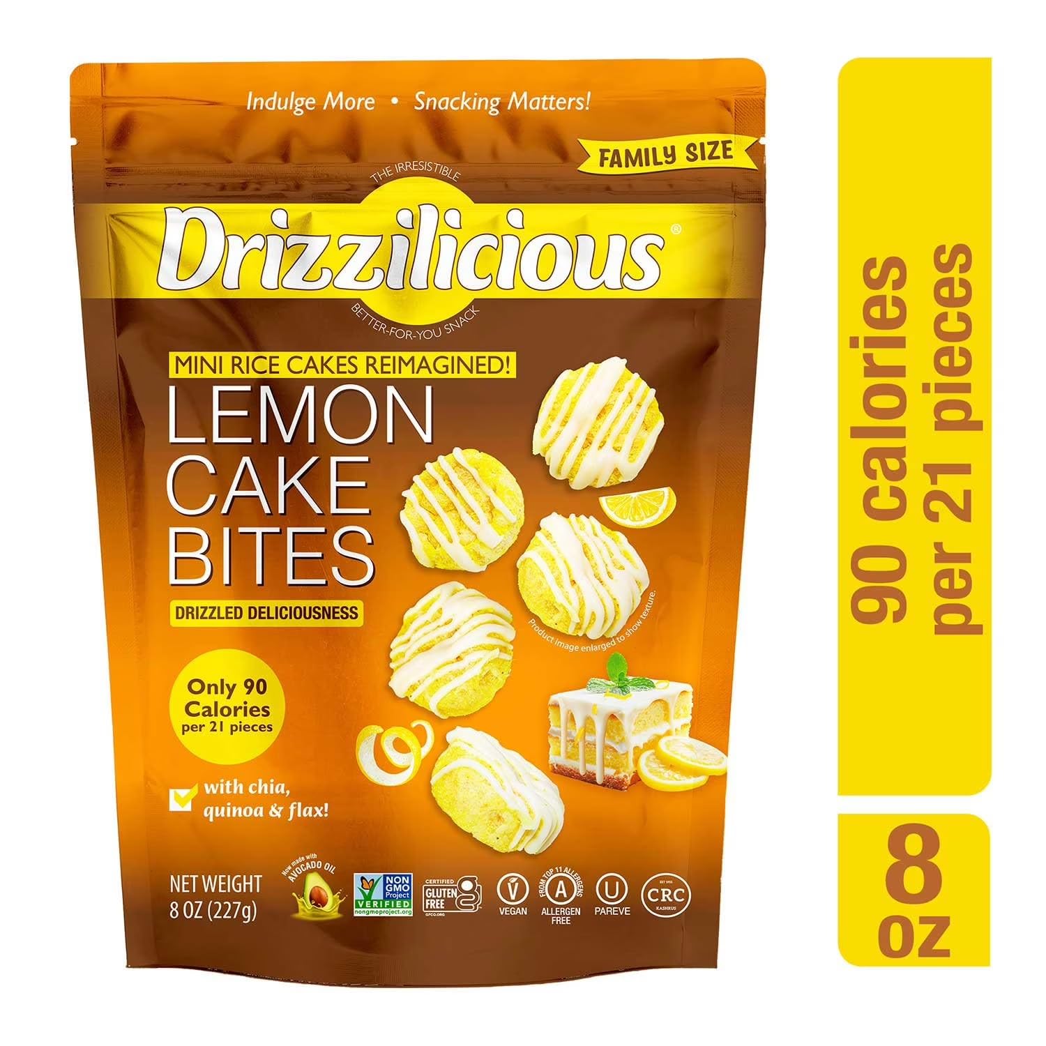Drizzilicious Lemon Cake Bites, Mini Rice Cakes, Vegan,Gluten Free, NON GMO, Clean Snack 8 oz Bag (1)