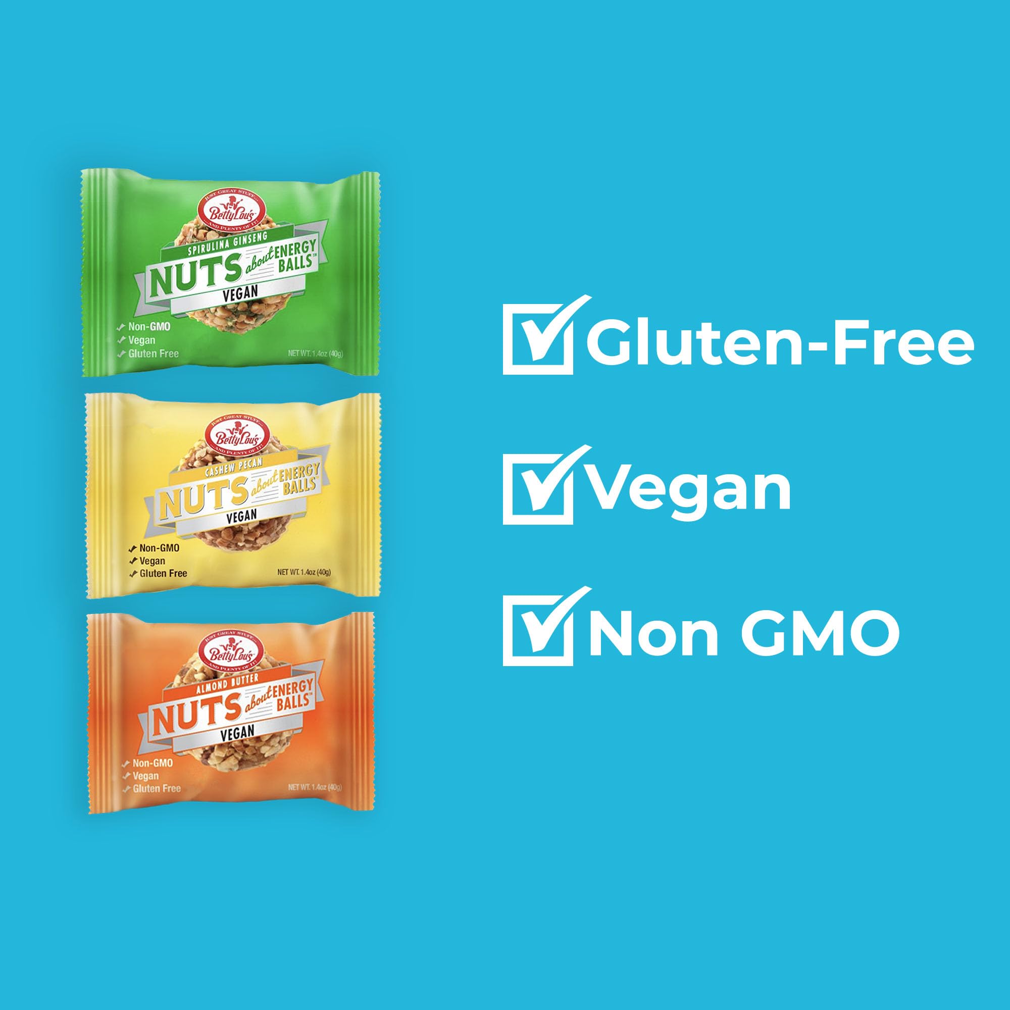Betty Lou's Variety Pack Vegan Energy Balls, Delicious Gluten Free Protein Balls, Non GMO, High Fiber, No Refined Sugar, Healthy Vegan Snacks