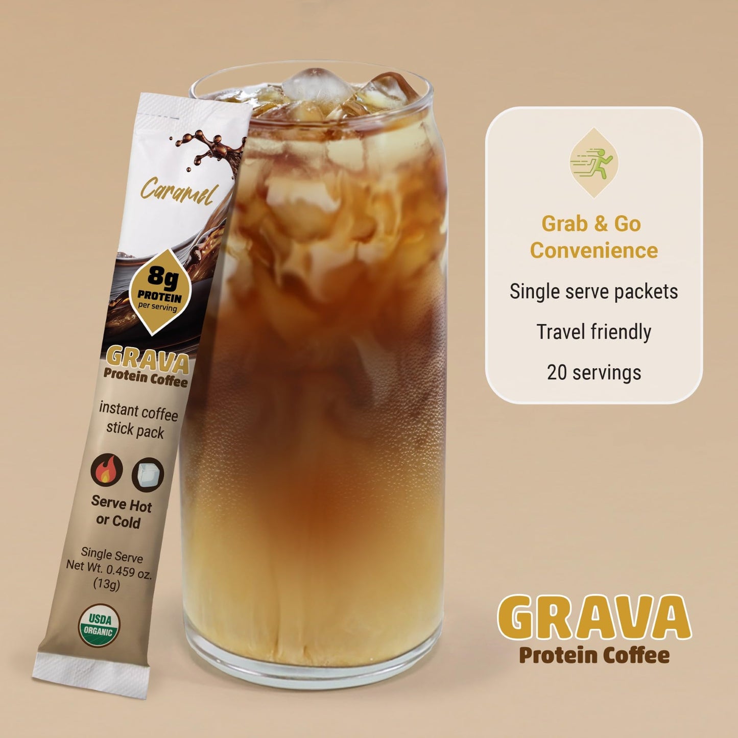 Grava Organic Plant Protein Coffee Sticks Caramel - 8g Plant Protein, 80mg Caffeine - Monk Fruit Sweetener - USDA Organic, Non-GMO & Fair Trade