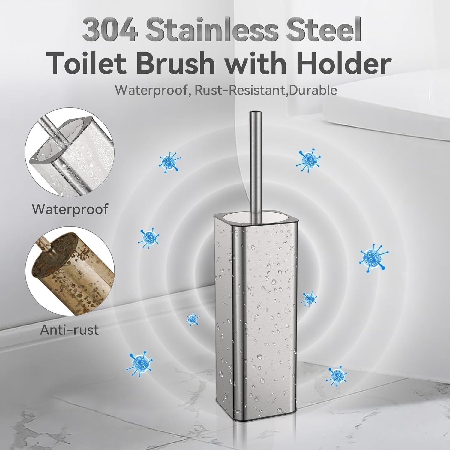 DOWRY Stainless Steel Toilet Bowl Brush and Holder for Bathroom, Deep Cleaning Toilet Brush and Holder Set with Long Handle, Hidden Toilet Bowl Brush
