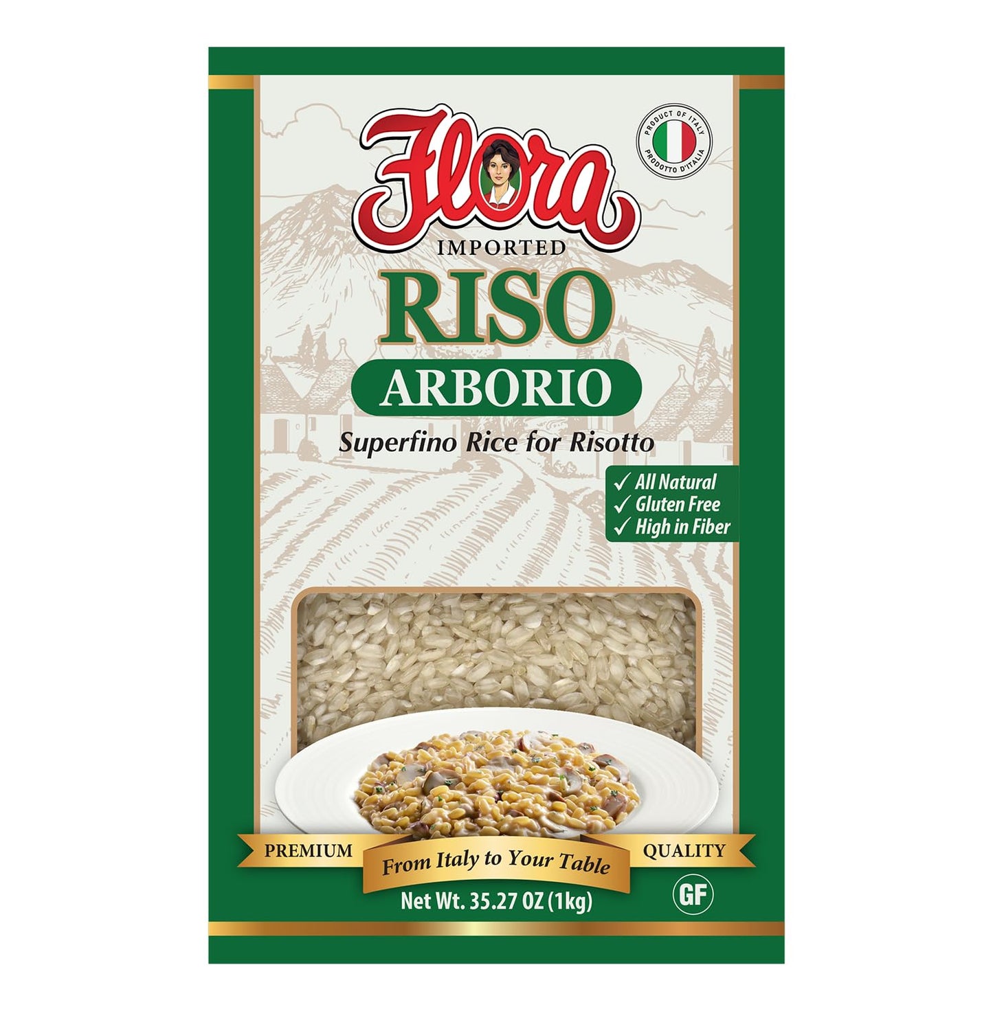 Flora Riso Arborio - Premium Superfino Rice for Risotto, Imported from Italy, 35.27 oz (1kg) - Gluten-Free, All Natural
