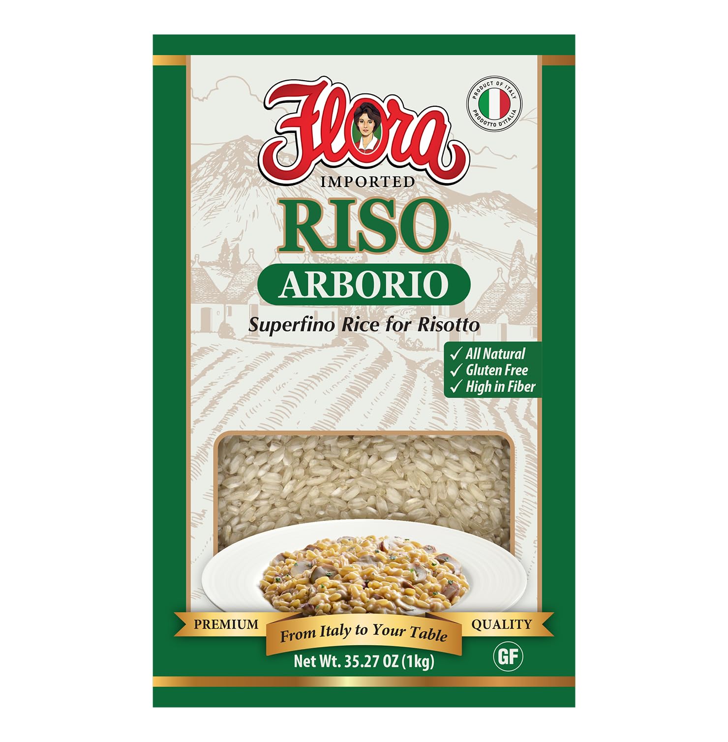 Flora Riso Arborio - Premium Superfino Rice for Risotto, Imported from Italy, 35.27 oz (1kg) - Gluten-Free, All Natural