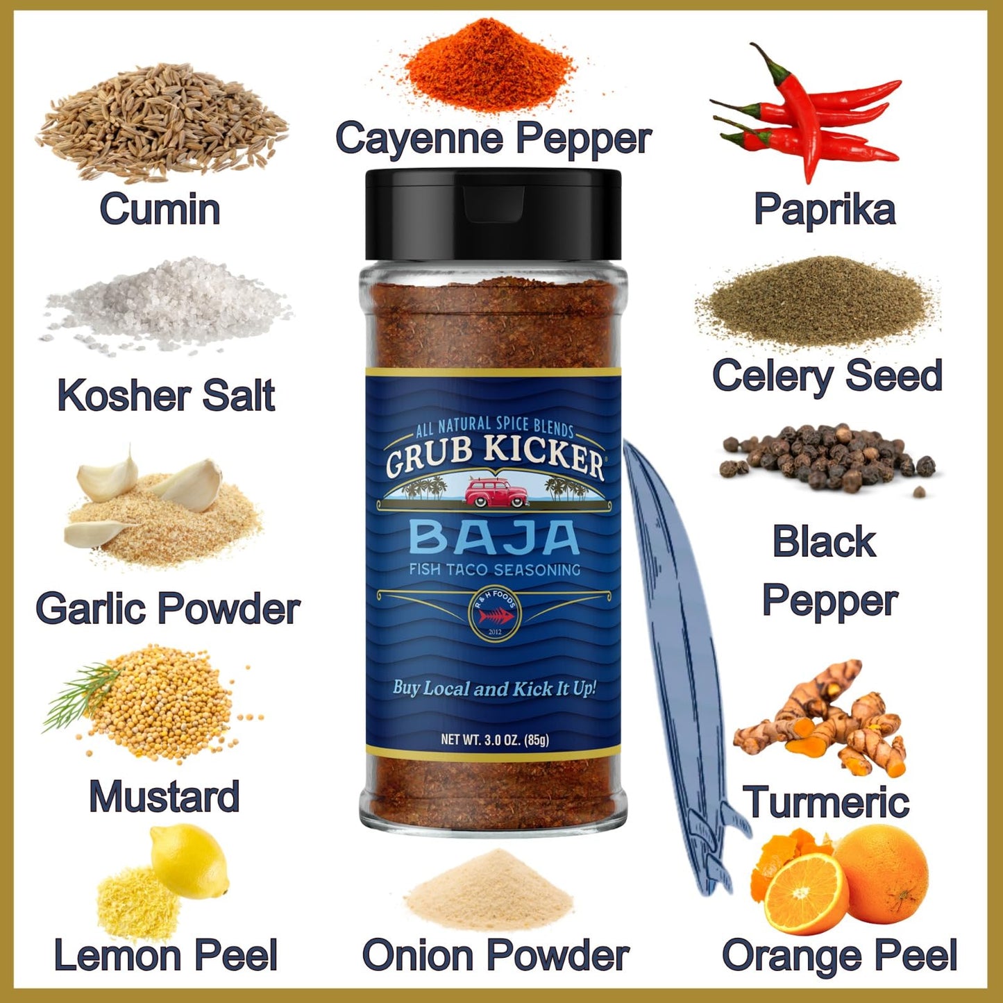 Grub Kicker assorted 4 pack includes: Wildflower Herbes De Provence, Appalachian All Purpose, Baja Fish Taco, Public House Sunday Roast. Premium