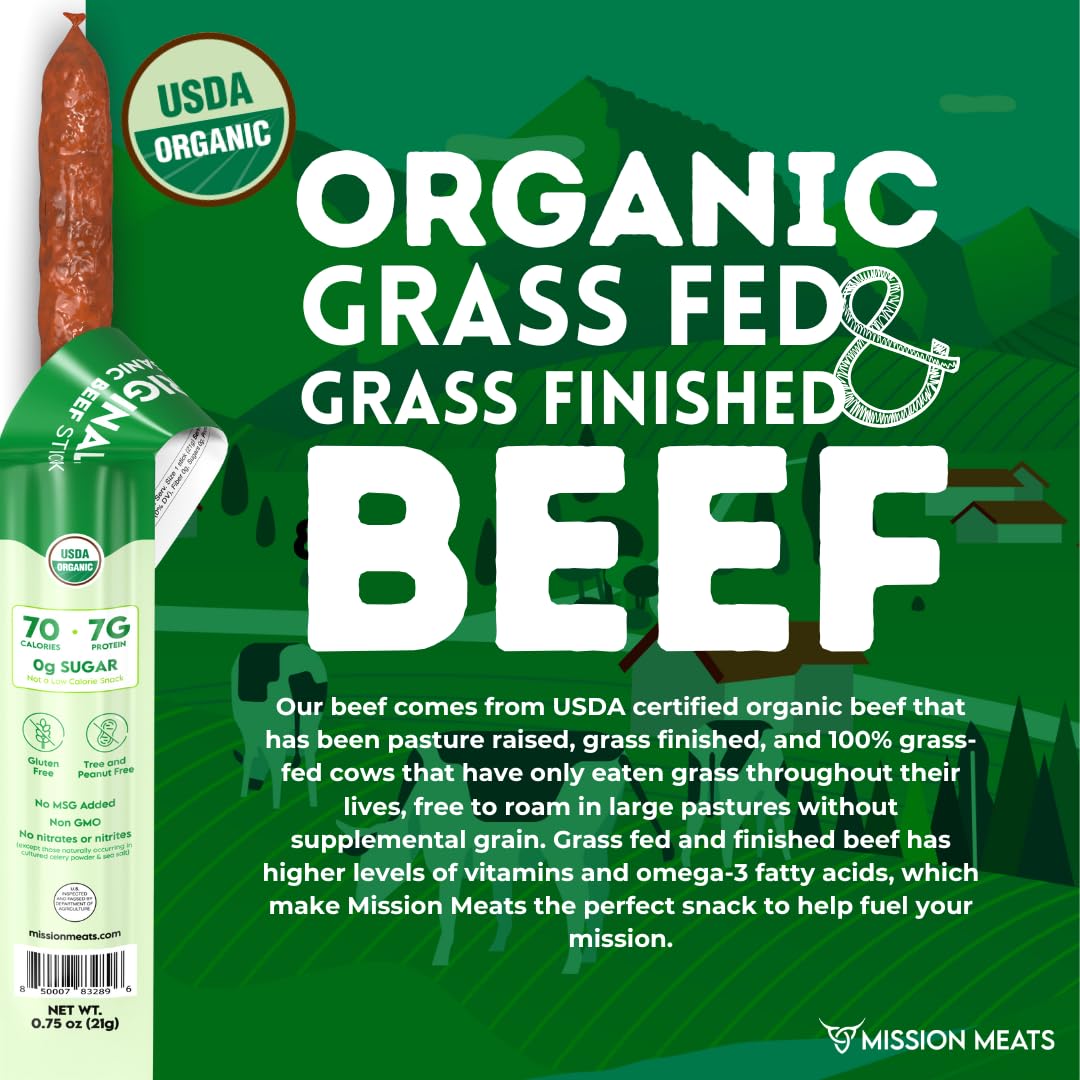 Mission Meats Organic Beef Sticks - Grass Fed & Pasture-Raised, Zero Sugar, Non-GMO, Healthy Organic Snacks, Individually Wrapped Meat Sticks, 0.75oz