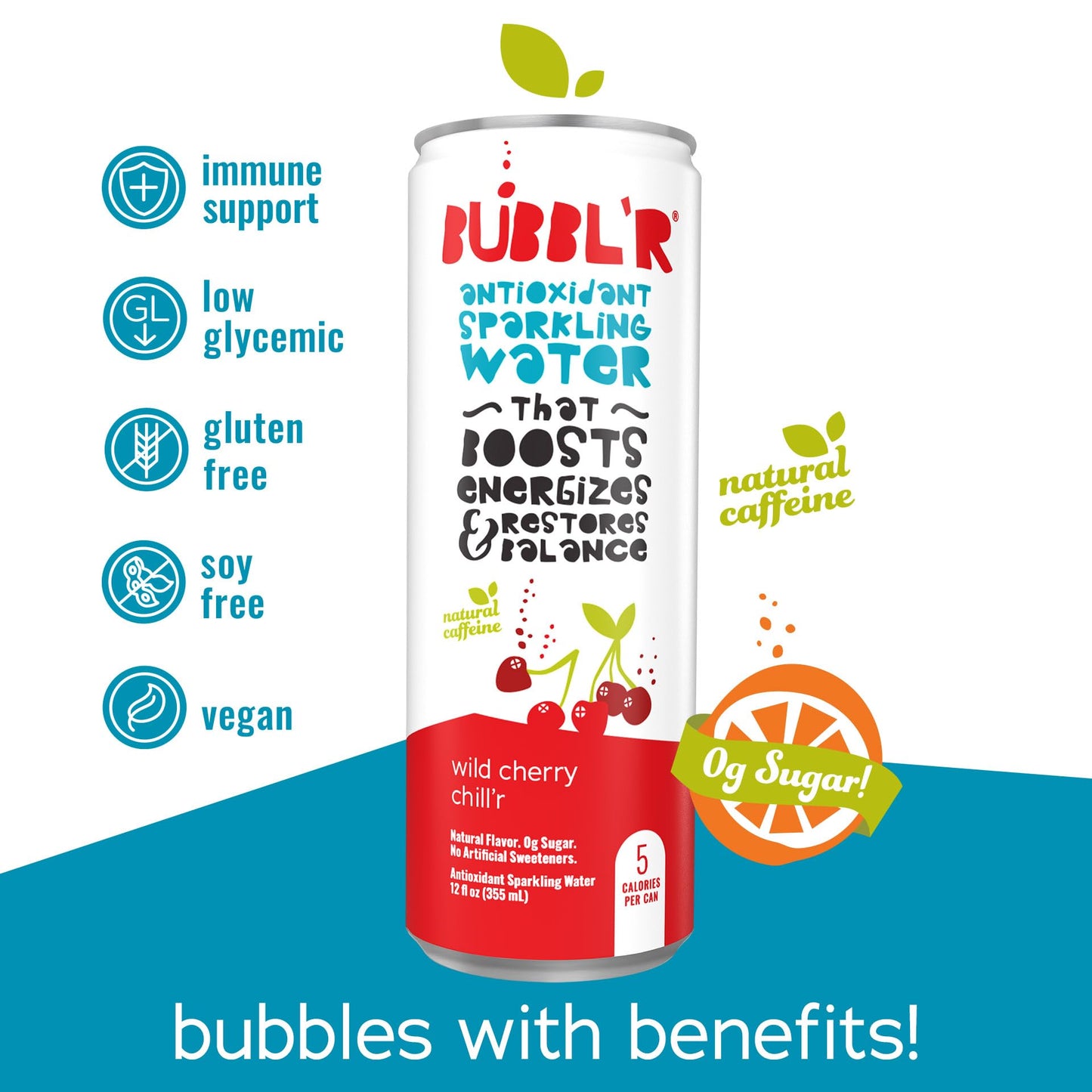 BUBBL’R wild cherry chill’r, Antioxidant Sparkling Water with Natural Caffeine, 0g Sugar, Gluten Free, All Natural Flavors, 12 Fl Oz Cans, 12 Count