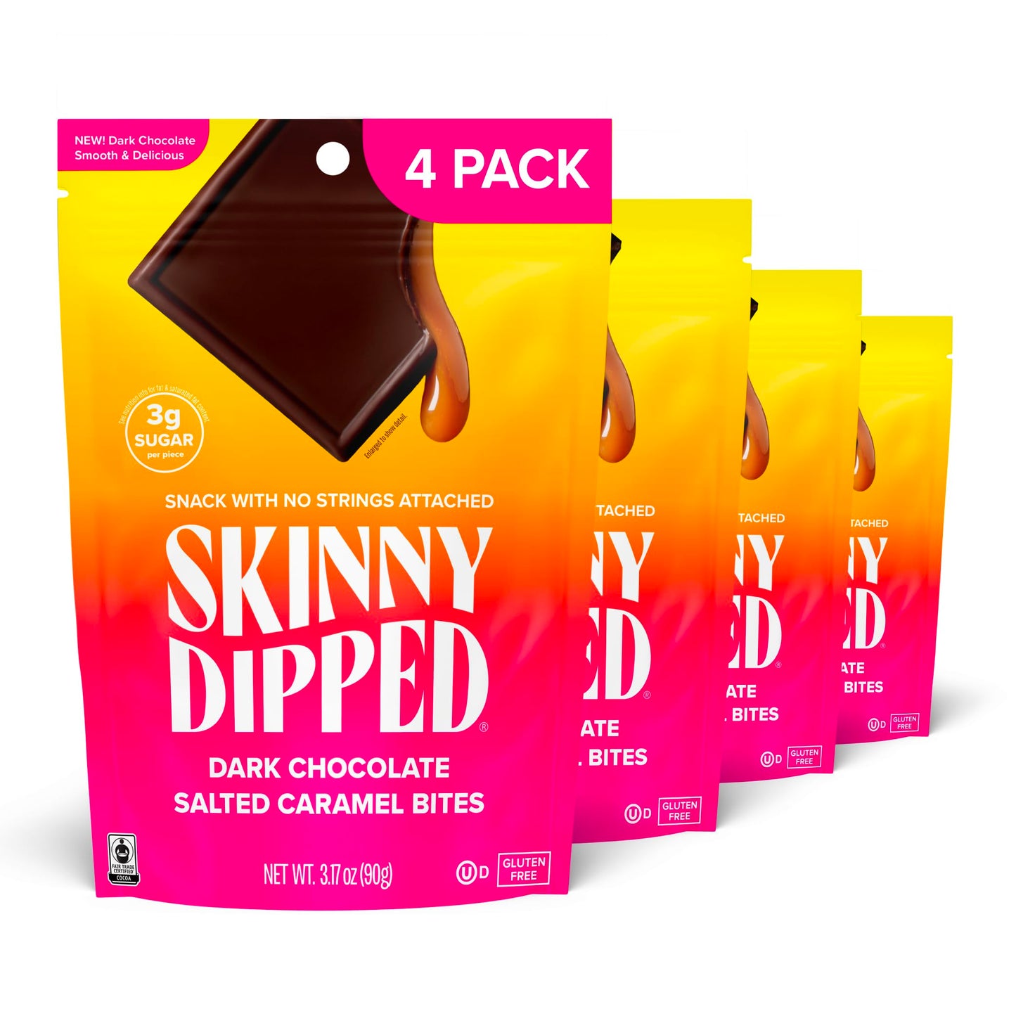 SkinnyDipped Dark Chocolate Salted Caramel Bites, 3.17oz Bags | 4 Pack