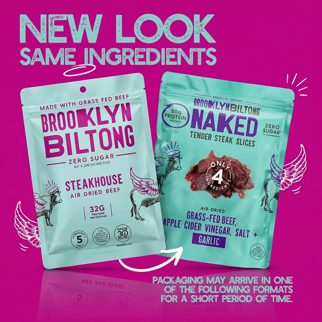 Brooklyn Biltong Steakhouse, Garlic Naked Tender Slices (2oz, Pack of 2), Grass Fed Beef Protein Snacks, 32g Grass Fed Protein Per Pack, Beef Jerky