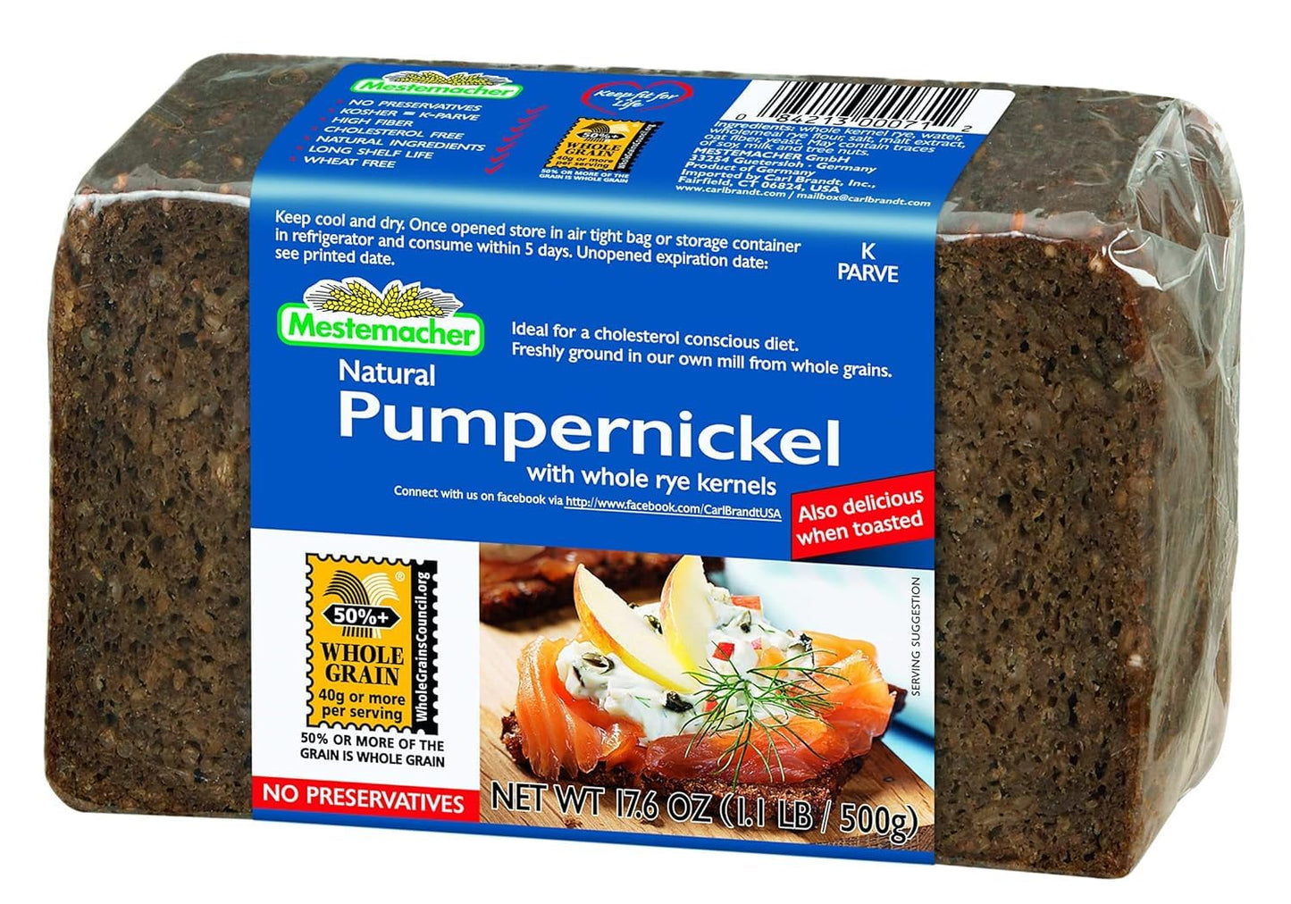 Mestemacher Pumpernickel Bread, 17.6 Oz - Authentic German Whole Rye Pumpernickel Bread, Dense European Bread, High Fiber, Non-GMO, Ready to Eat, Long