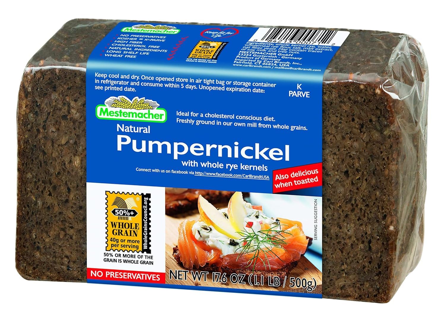 Mestemacher Pumpernickel Bread, 17.6 Oz - Authentic German Whole Rye Pumpernickel Bread, Dense European Bread, High Fiber, Non-GMO, Ready to Eat, Long