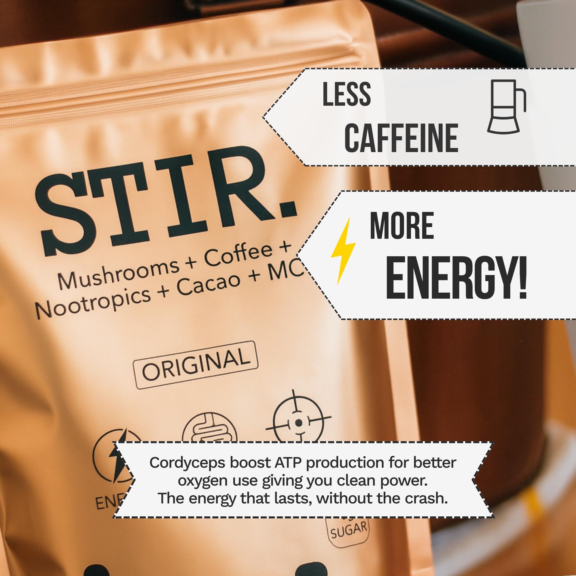 STIR Premium Instant Mushroom Coffee | Lion’s Mane, Chaga, Reishi, Cordyceps, Shiitake, Turkey Tail | Organic Cacao, Vanilla, Coconut MCTs | Focus