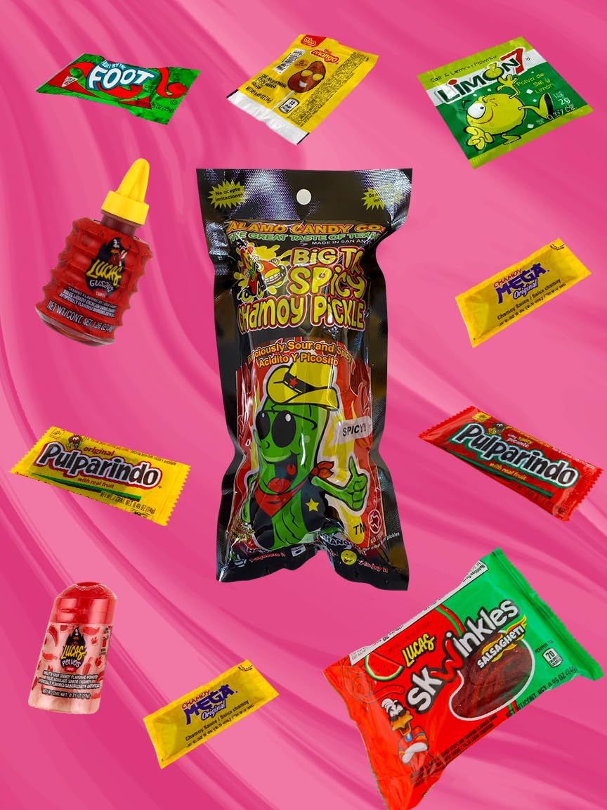 Alamo Hot Spicy Chamoy Pickle Kit, Mexican Candy Mix make the Famous TikTok Trend, (13 Pieces) Includes Original Alamo Spicy Dill Pickle, Baby Lucas