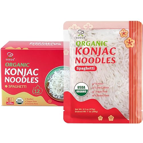 Soeos Organic Konjac Noodles, Spaghetti, 9.5oz (270g), 6 Packs, Kosher, Sugar Free, Gluten Free, Low Calorie, Low Carb Pasta, Shirataki Noodle