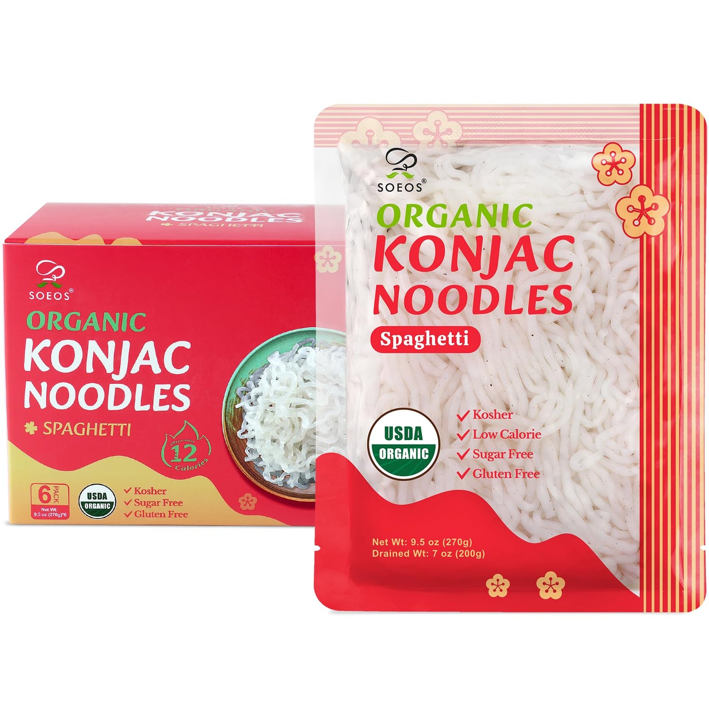 Soeos Organic Konjac Noodles, Spaghetti, 9.5oz (270g), 6 Packs, Kosher, Sugar Free, Gluten Free, Low Calorie, Low Carb Pasta, Shirataki Noodle