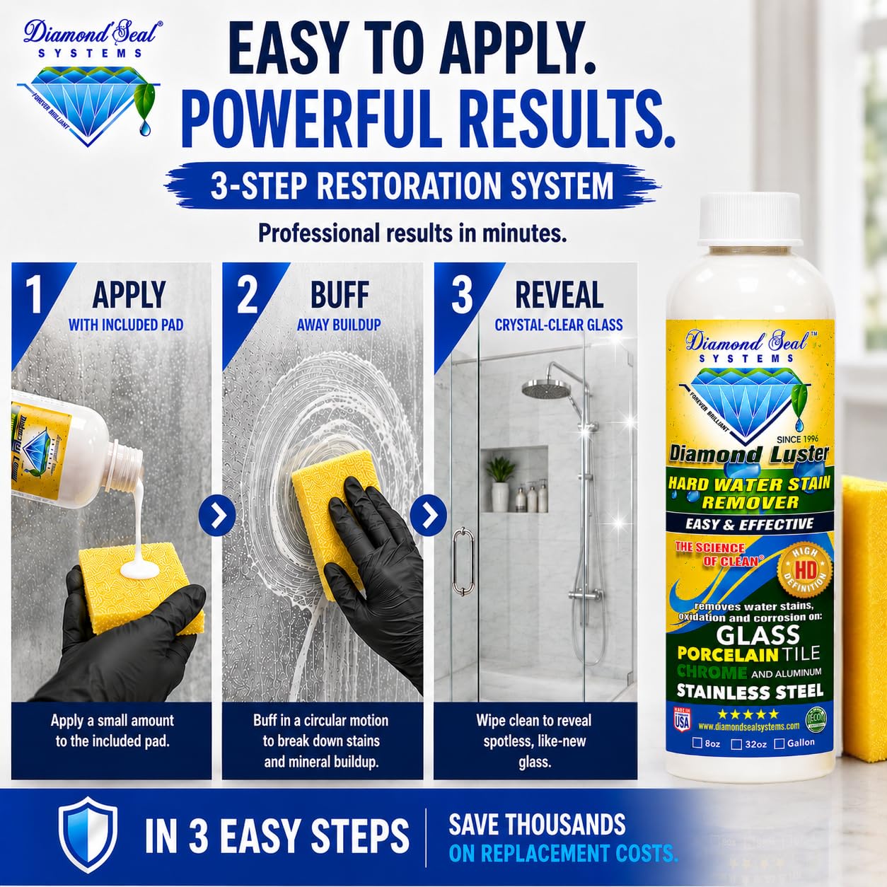 Diamond Luster Hard Water Stain Remover for Glass Shower Doors - Non Abrasive Shower Glass Cleaner for Hard Water Spots, Soap Scum & Calcium Buildup
