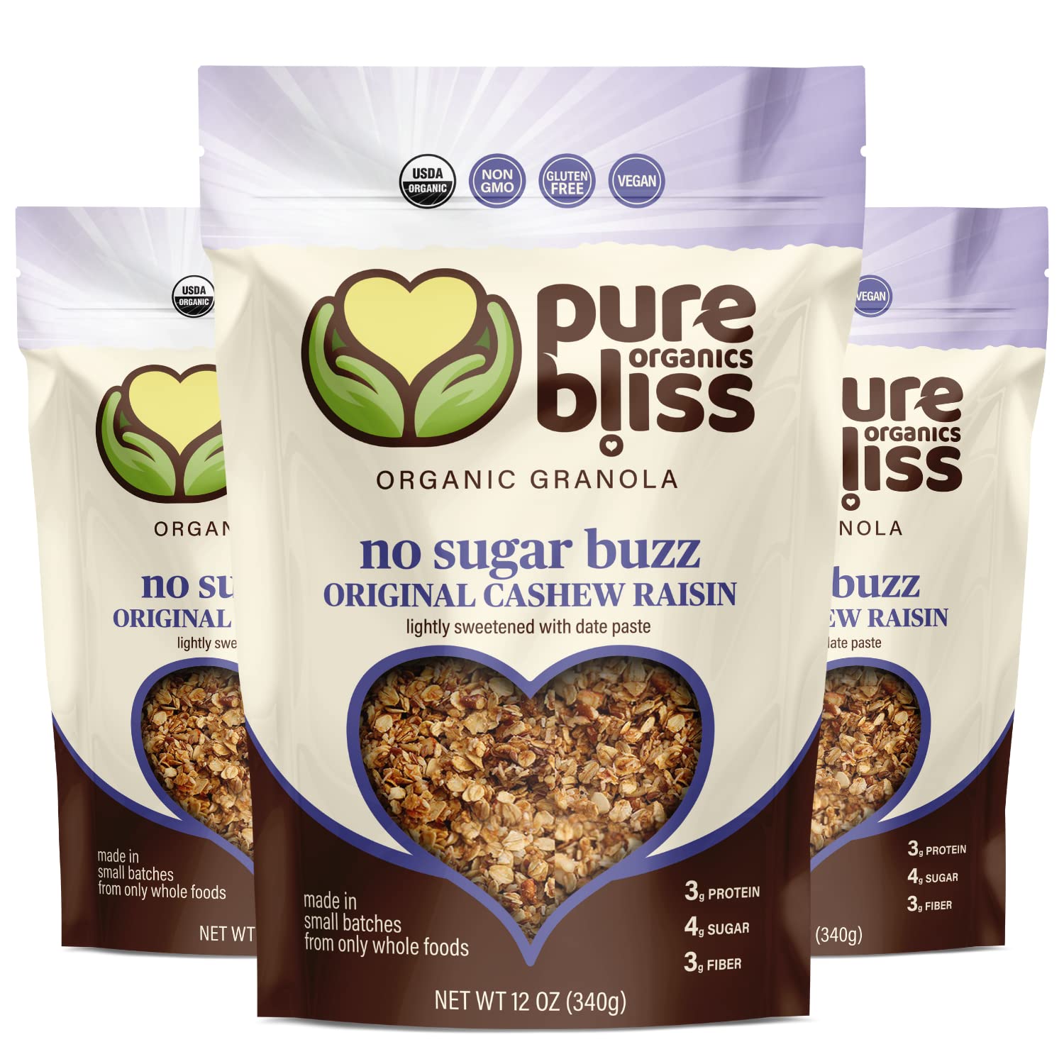 Pure Bliss Organics No Sugar Buzz Cashew Raisin Granola, Certified Organic and Gluten Free, Vegan, Non GMO, Low Glycemic, Low Sugar Alternative, Date