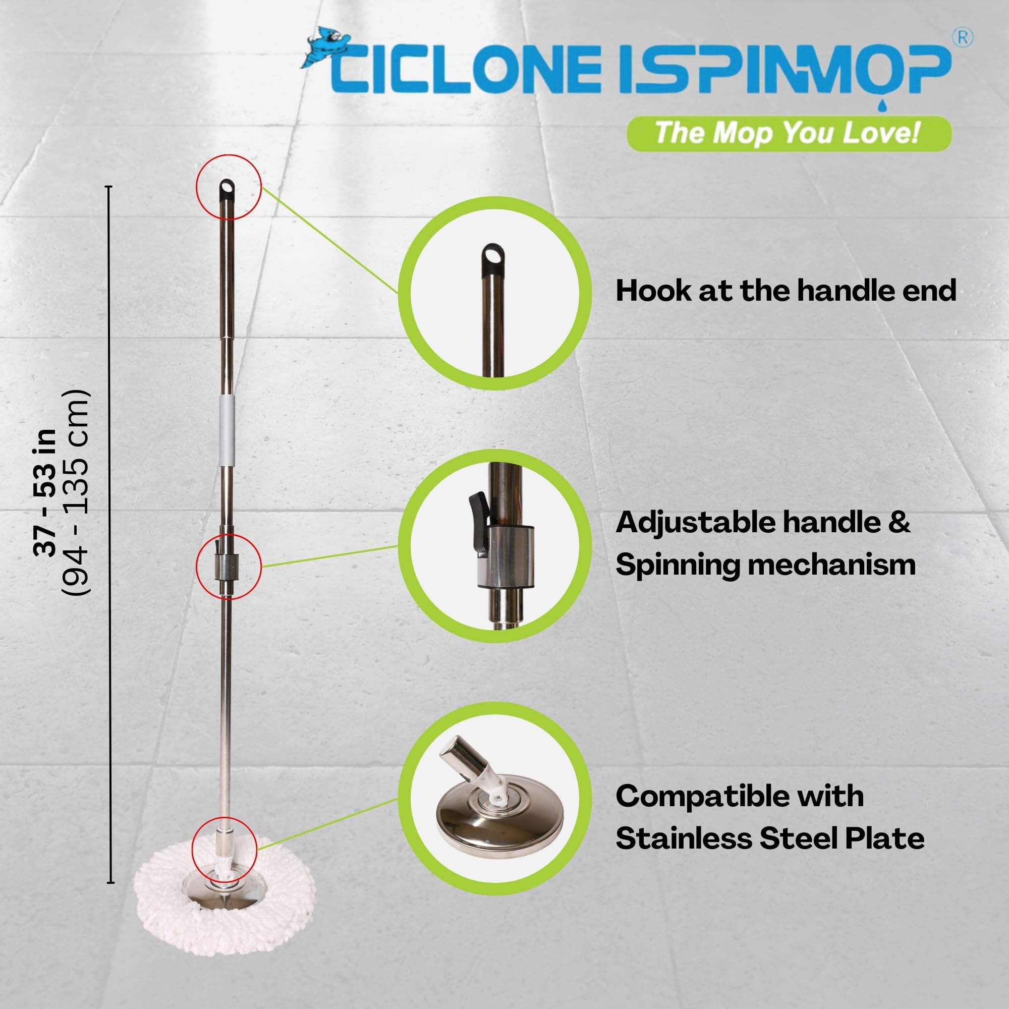 CICLONE ISPINMOP Stainless Steel Mop Handle 37" to 53" Long - Heavy Duty Spin Mop Replacement Stick - Commercial & Industrial Use Suitable for Home