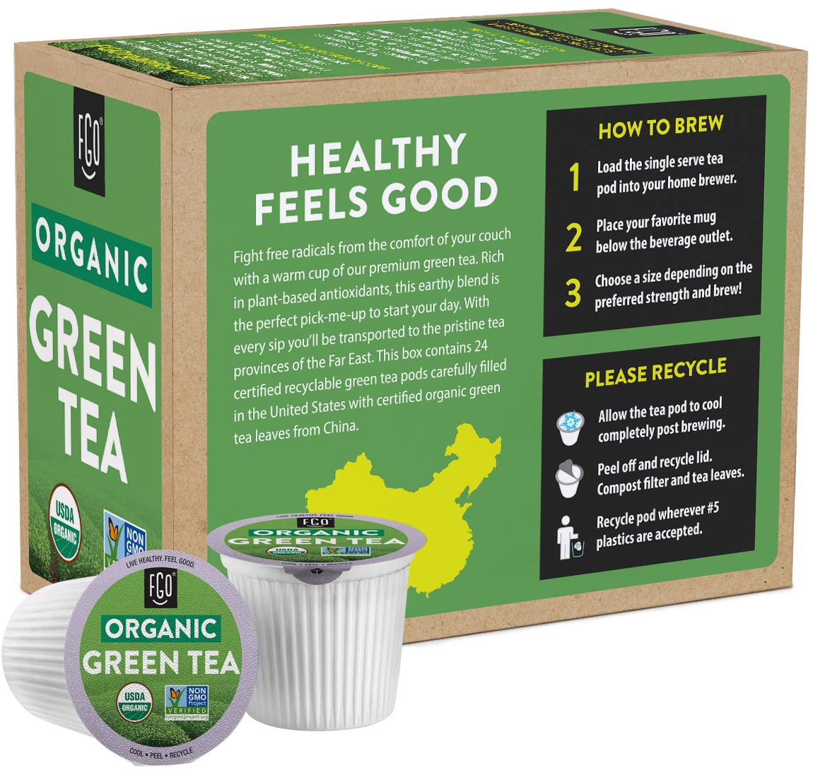 FGO Organic Green Tea K-Cup Pods for Keurig, 24 Count (Pack of 1), Premium Green Tea is USDA Organic, Non-GMO, & Recyclable with Naturally Occurring