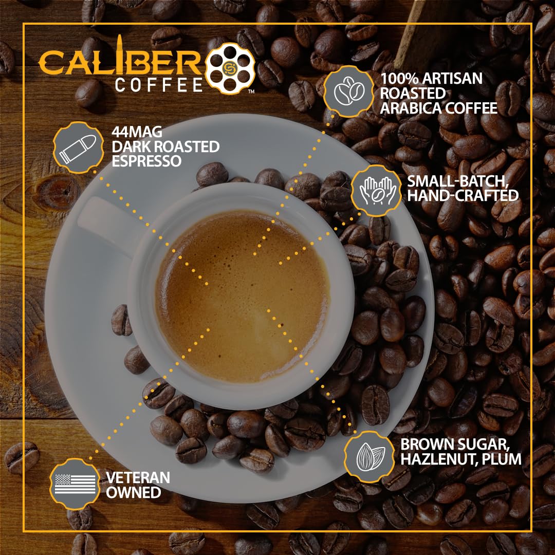 Caliber Coffee .44 Mag, Whole Bean Espresso Roast - Bold, Smooth, Rich Crema Flavors - 100% Artisan Roasted Arabica Coffee - Small-Batch, Hand-Crafted