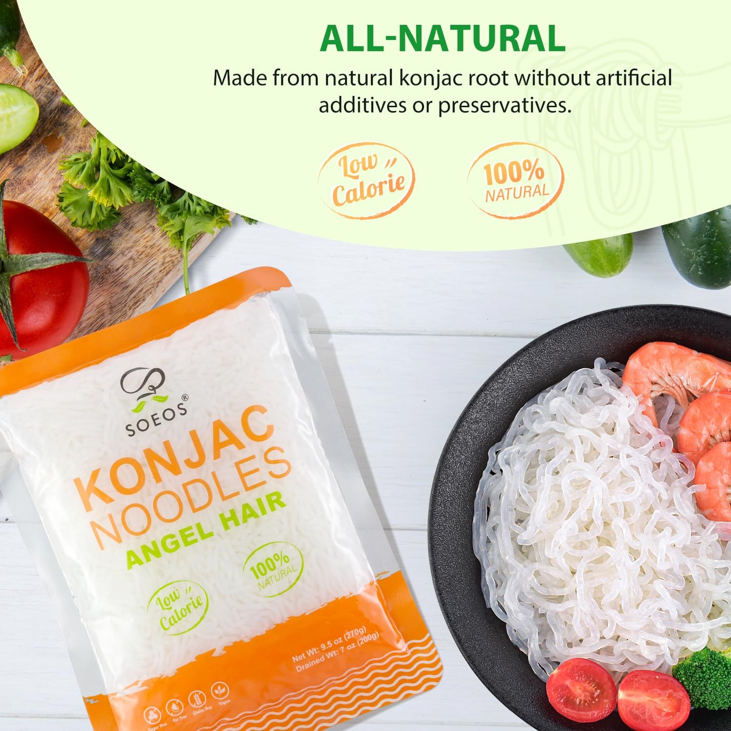Soeos Konjac Noodles, Shirataki Noodle, 9.5 oz (270g)*6 Packs, Low Calorie, Low Carb, Keto and Paleo Friendly, 3 Variety Noodles, Fettuccine, Angel