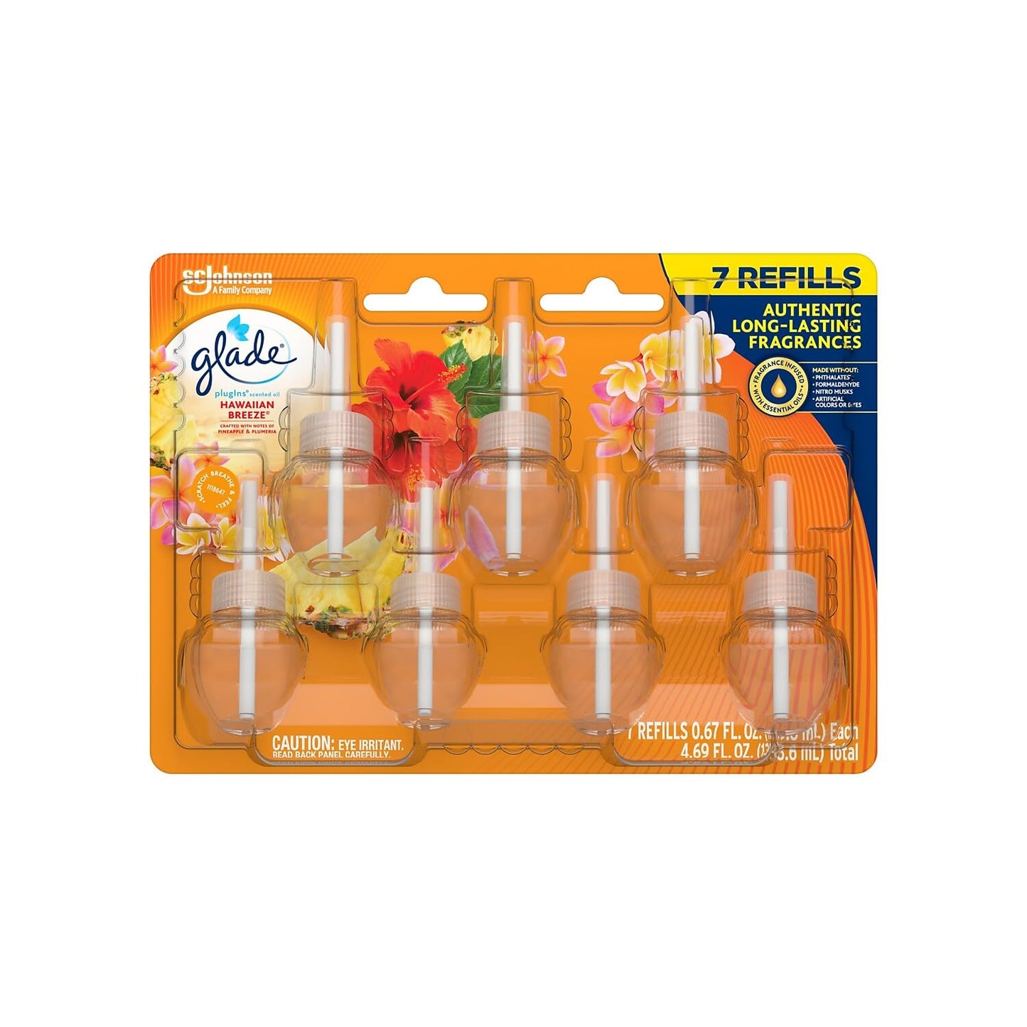 Glade PlugIns Scented Oil Refill, Hawaiian Breeze, 0.67 Fl. Oz., 7/Pack (350767), Orange