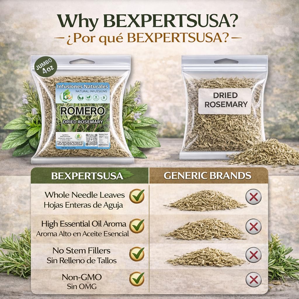 Romero - Dried Rosemary Leaves - 4 oz (113g) - Premium Whole Herbs for Cooking & Tea - All-Natural, Non-GMO, Gluten-Free - Hoja de Romero Deshidratada