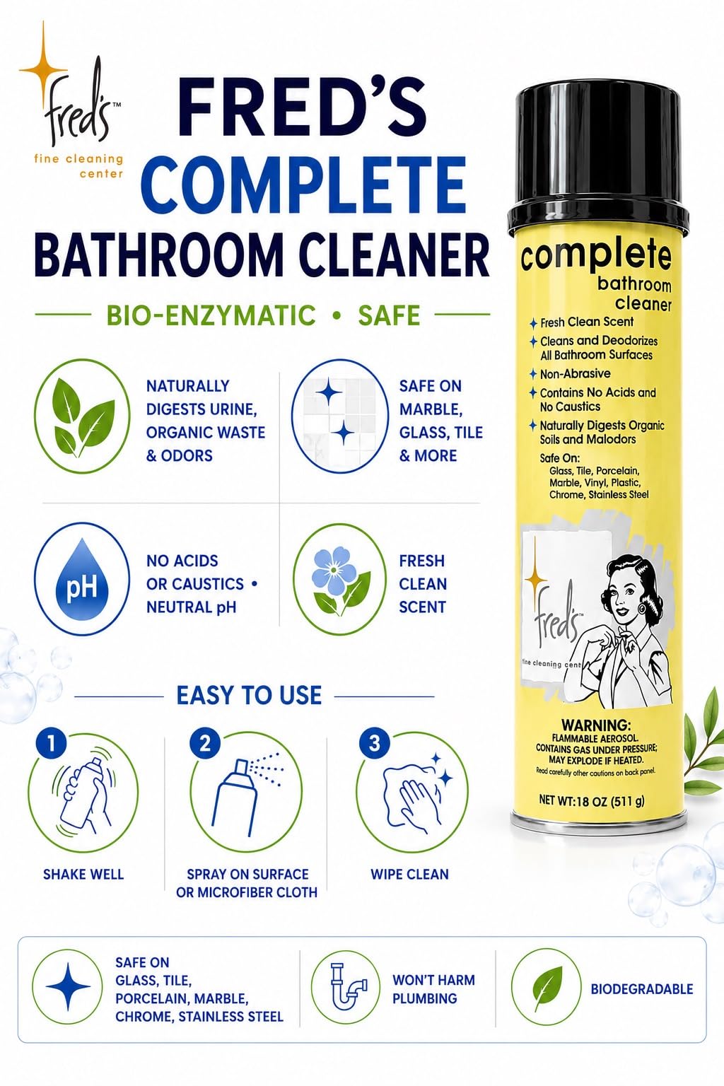 Fred's Complete Bathroom Cleaner, 18 oz Foaming Spray - Bio-Enzymatic Formula, No Acids or Caustics, Safe on All Hard Surfaces, Eliminates Odors