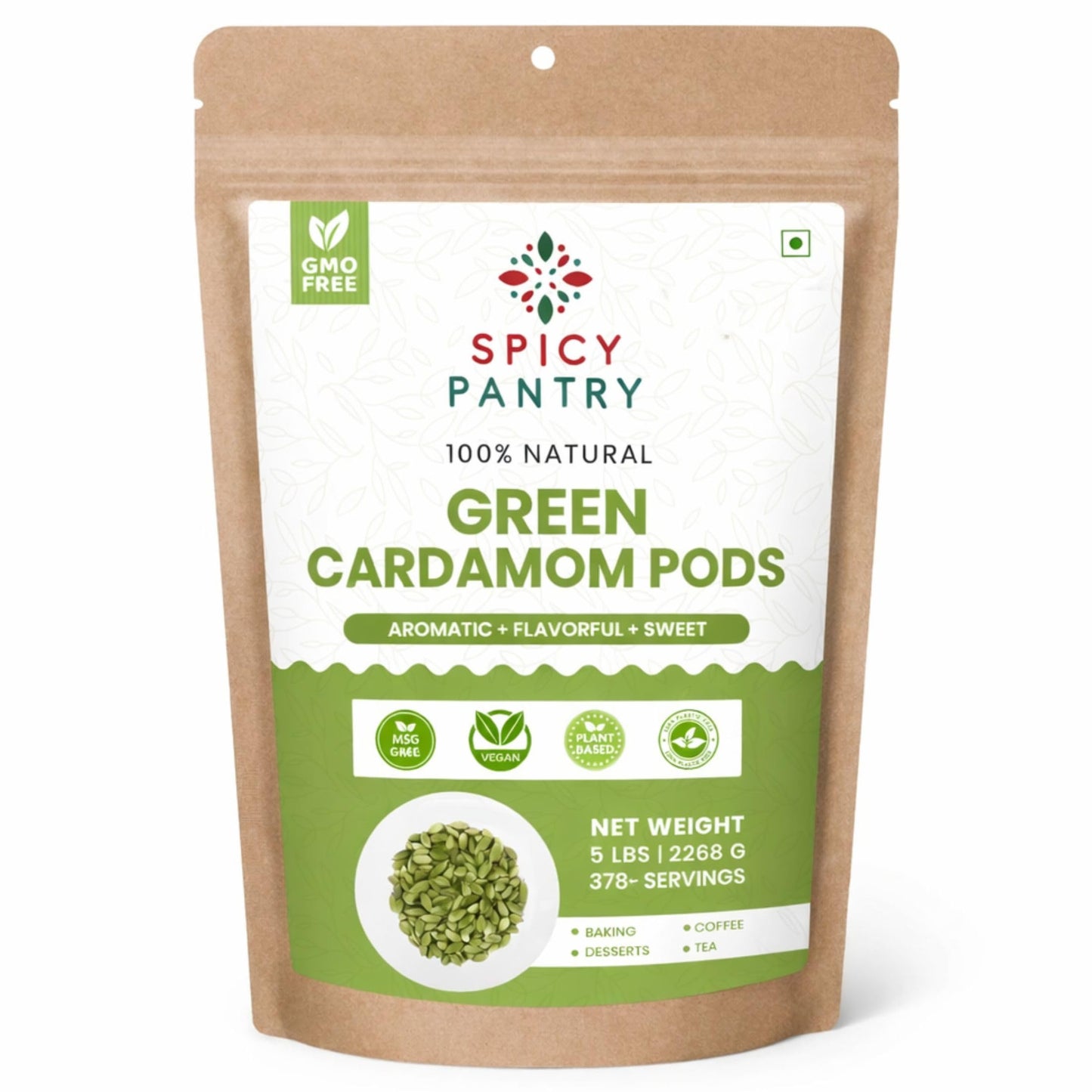 SPICY PANTRY Cardamom Pods 5 lbs - Whole Green Spice for Chai, Curries, Rice Dishes & Baked Goods & Spice Blends- Non-GMO, Gluten Friendly, Aromatic