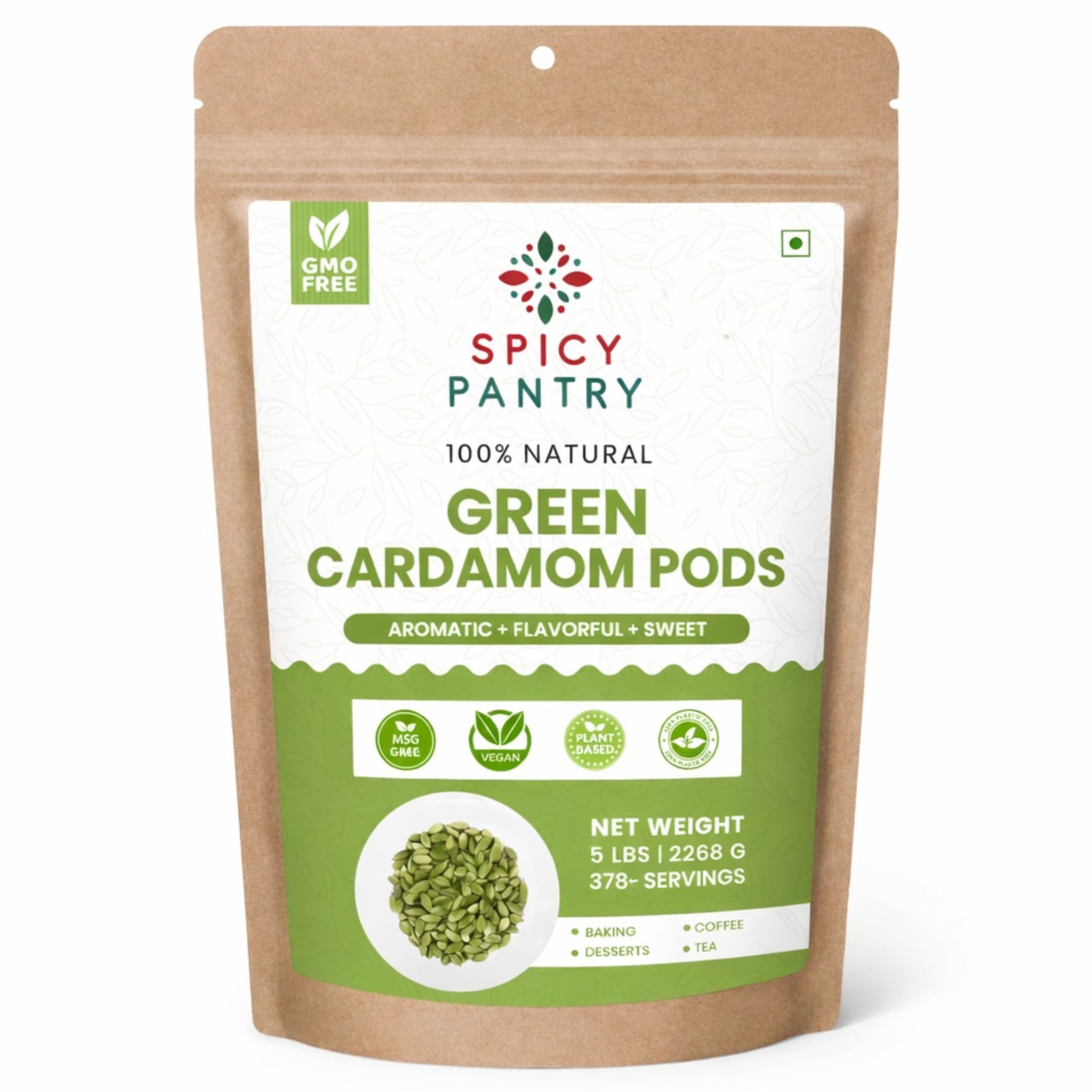 SPICY PANTRY Cardamom Pods 5 lbs - Whole Green Spice for Chai, Curries, Rice Dishes & Baked Goods & Spice Blends- Non-GMO, Gluten Friendly, Aromatic