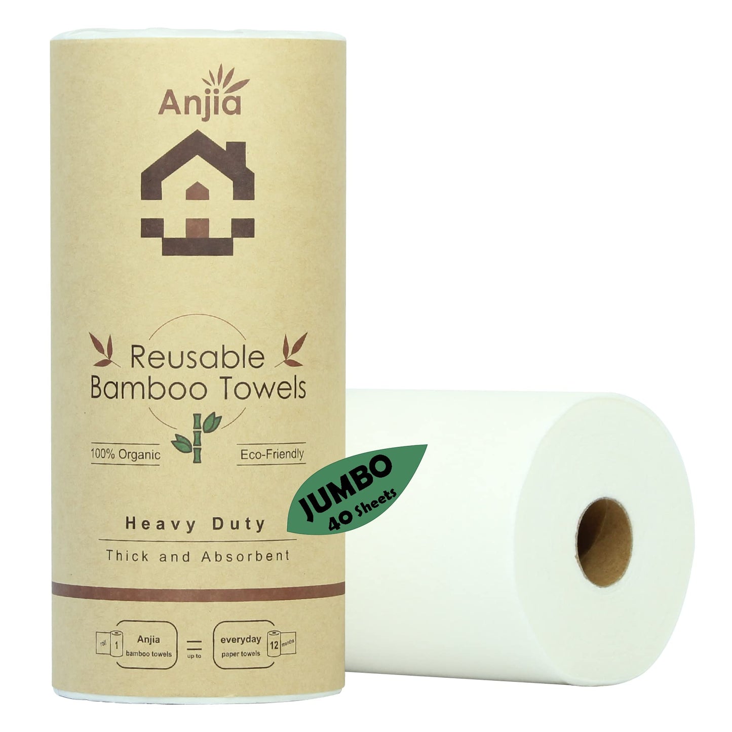 ANJIA® Jumbo Roll 40 Sheets/Roll Heavy Duty Reusable Bamboo Rayon Towels Great as Kitchen Towels, Dish Towels, Cleaning Rags, Shop Towels, and Swedish