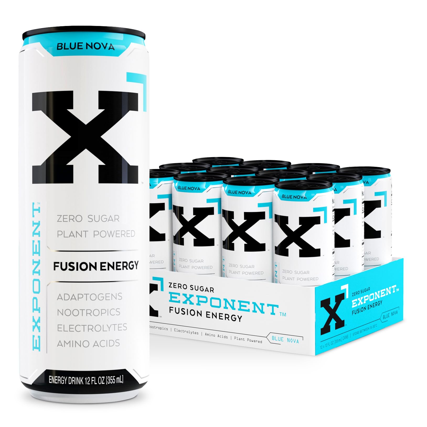 Exponent - Blue Nova Fusion Energy Drink | Pack of 12, 355mL Cans | Cool Berry Flavor with Citrus Notes | Zero Sugar & Sucralose | Naturally Sourced