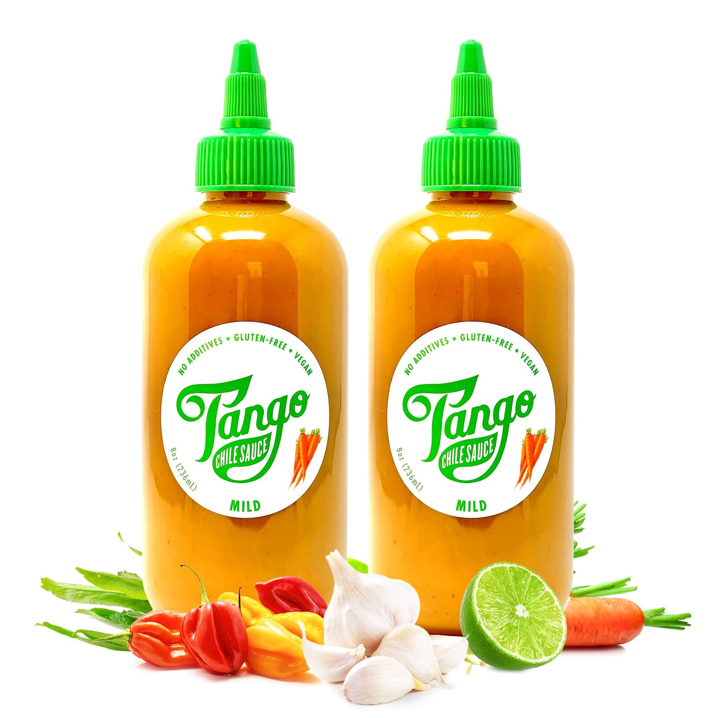 Mild Tango 2-Pack - Flavor-First, Low Heat - Carrot-Based Hot Sauce - Vegan, Gluten-Free, Small Batch - Two 8 oz Bottles