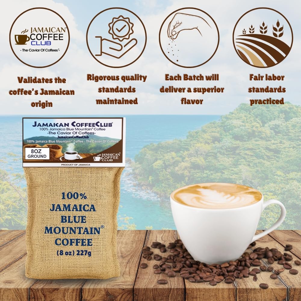JamaicanCoffeeClub 100% Jamaican Blue Mountain Coffee Ground, RG 8oz Fresh Roasted Beans, Smooth Bold Flavor, Premium Coffee from Jamaica, Medium