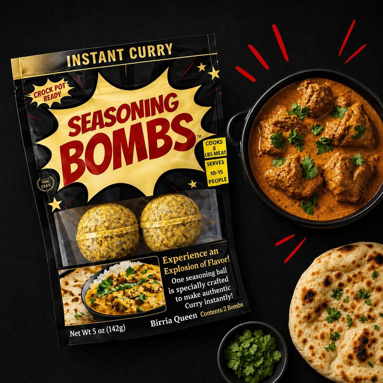 Birria Queen Curry Seasoning Bombs (2 Bombs, 5 oz) - Instant Curry Flavor, Slow Cooker & Crock Pot Ready, Easy Drop-In Spice Blend, No Measuring
