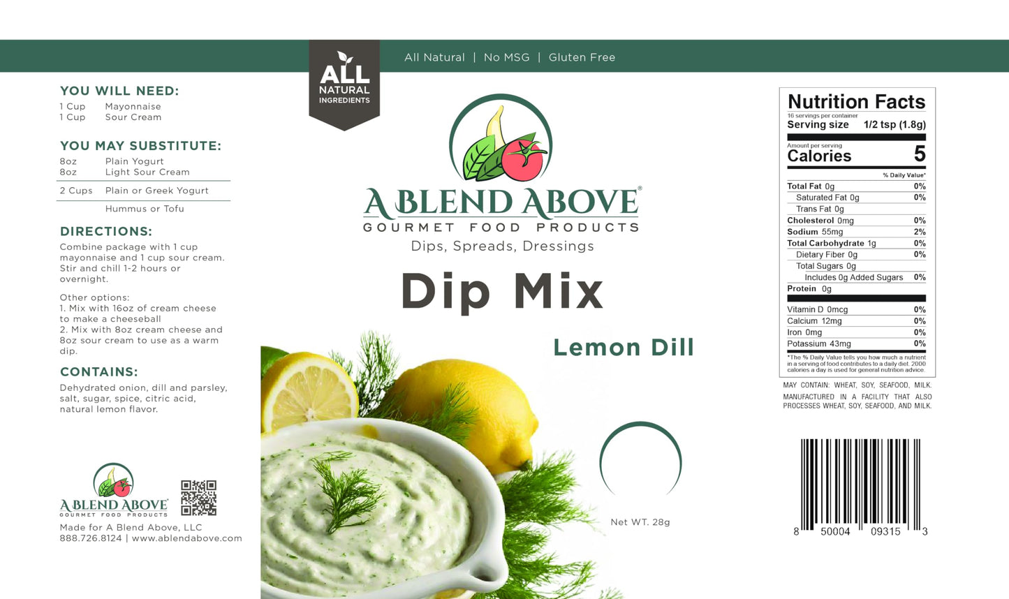 A Blend Above Lemon Dill Dip Mix Gourmet Food Product, 1 oz Packet (3 Pack), Gluten-Free, No MSG, All Natural, No Preservatives, Vegetable Dip, Keto