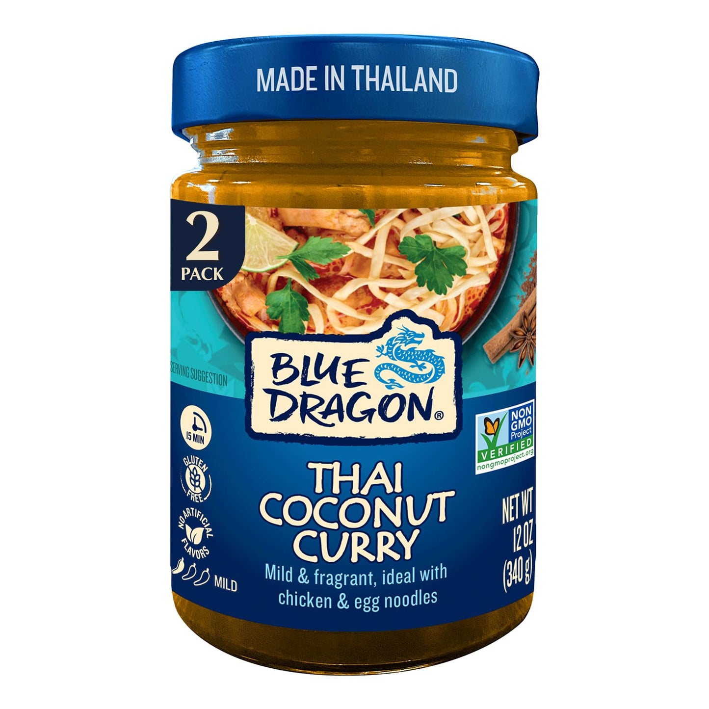 Blue Dragon Thai Coconut Curry Sauce - 12oz Jar (Pack of 2) - Mild & Fragrant Blend of Coconut, Shallot & Galangal for Classic Thai-Style Curry Noodle