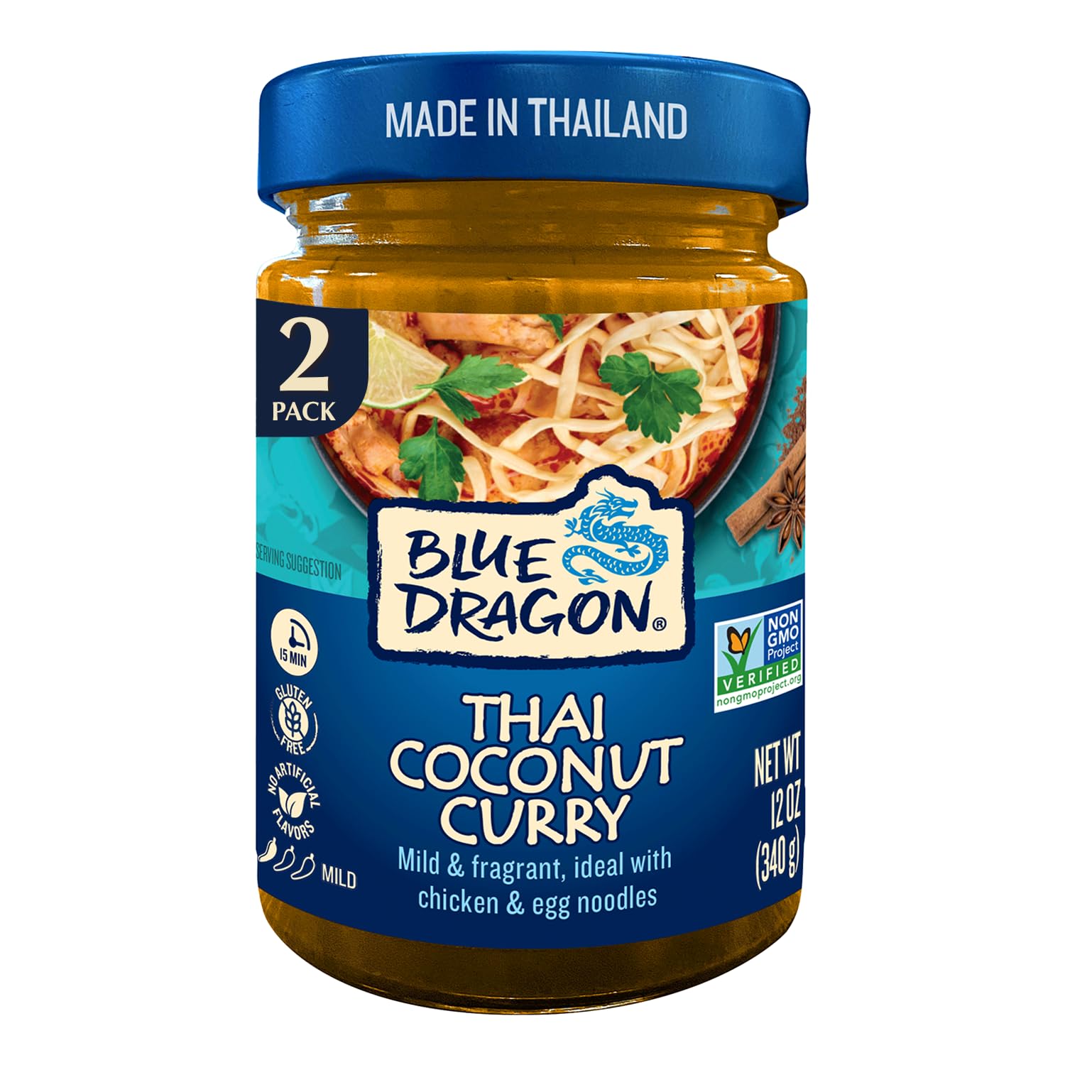 Blue Dragon Thai Coconut Curry Sauce - 12oz Jar (Pack of 2) - Mild & Fragrant Blend of Coconut, Shallot & Galangal for Classic Thai-Style Curry Noodle