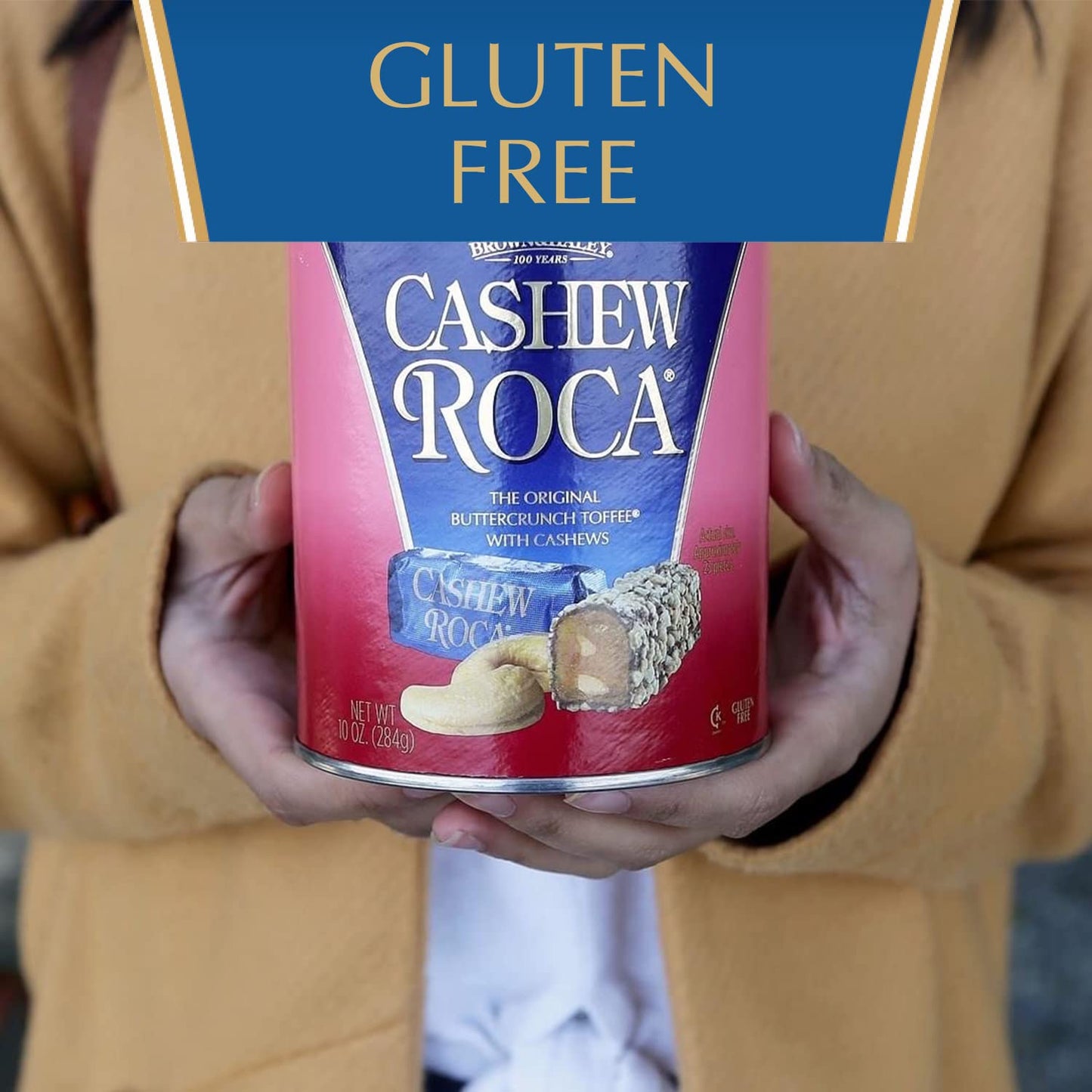 Brown & Haley CASHEW ROCA Canister, Individually Wrapped Buttercrunch Toffee with Cashews, 10 Ounces (Pack of 1)