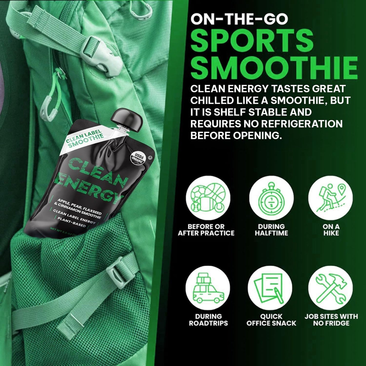 Clean Label Organic Fruit Smoothie Sports Pouches - Healthy Nutrition Drinks, Gluten Free, Caffeine Free, Vegan, Kosher, Convenient Snacks - Apple