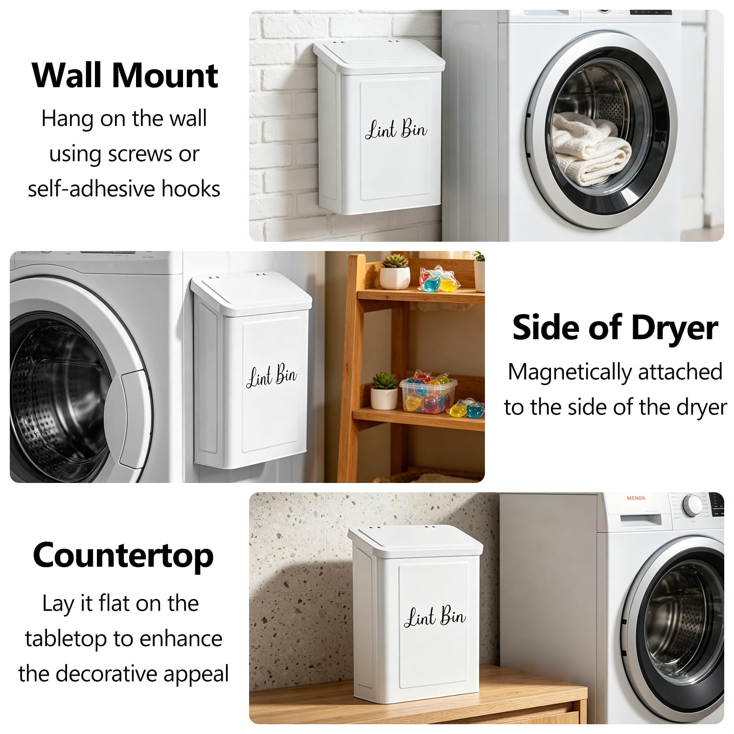 rumlick Magnetic Lint Bin for Laundry Room- Wall Mounted Metal Lint Box Holder Trash Can with Dryer Lint Brush, Laundry Room Organization and Storage