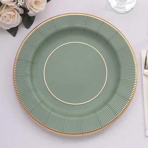 TCF Linen 25 Pack 13" Disposable Charger Plates, Paper Placemat Sage Green Sunray Design with Gold Rim - 350GSM Heavy Duty Round Plates for Events