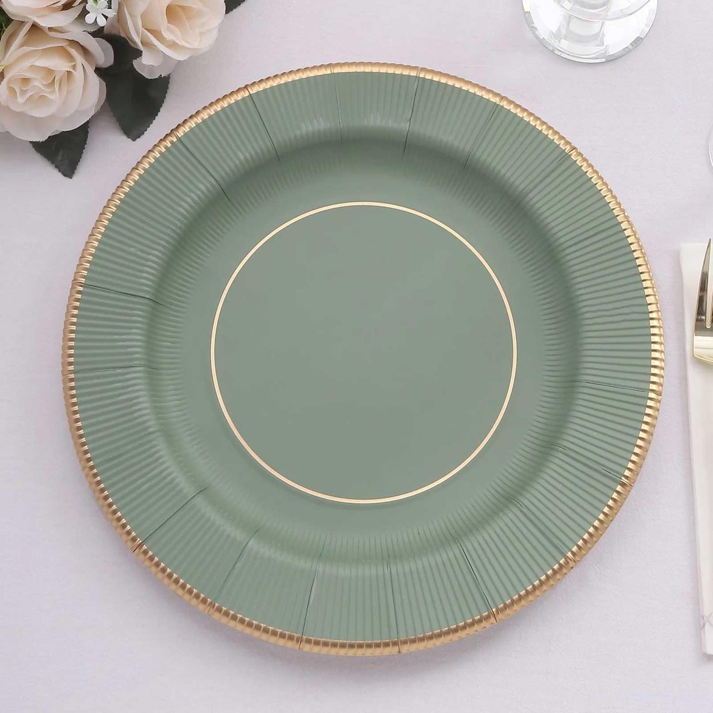 TCF Linen 25 Pack 13" Disposable Charger Plates, Paper Placemat Sage Green Sunray Design with Gold Rim - 350GSM Heavy Duty Round Plates for Events