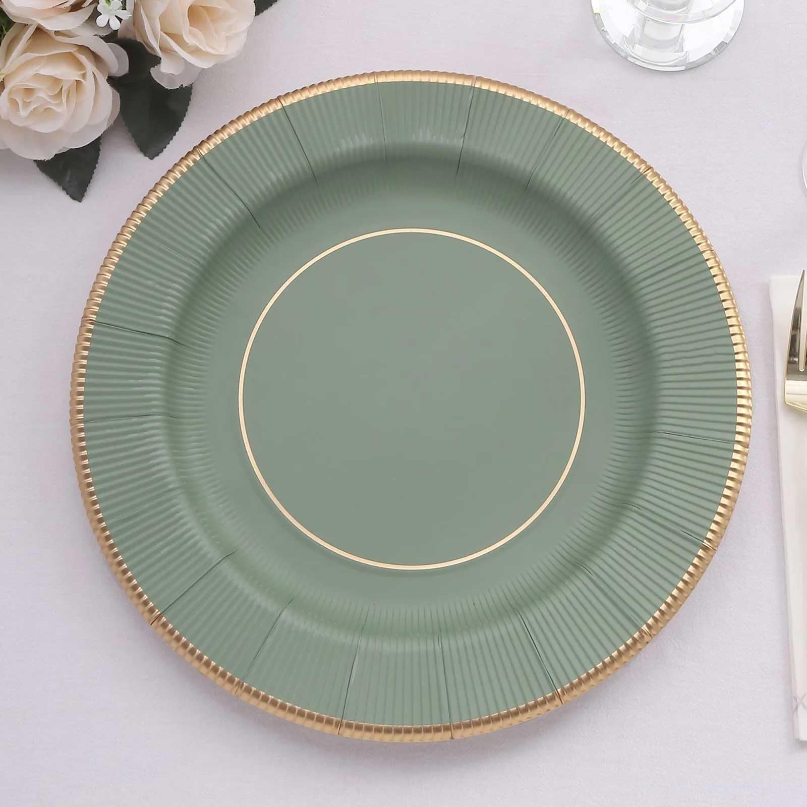 TCF Linen 25 Pack 13" Disposable Charger Plates, Paper Placemat Sage Green Sunray Design with Gold Rim - 350GSM Heavy Duty Round Plates for Events