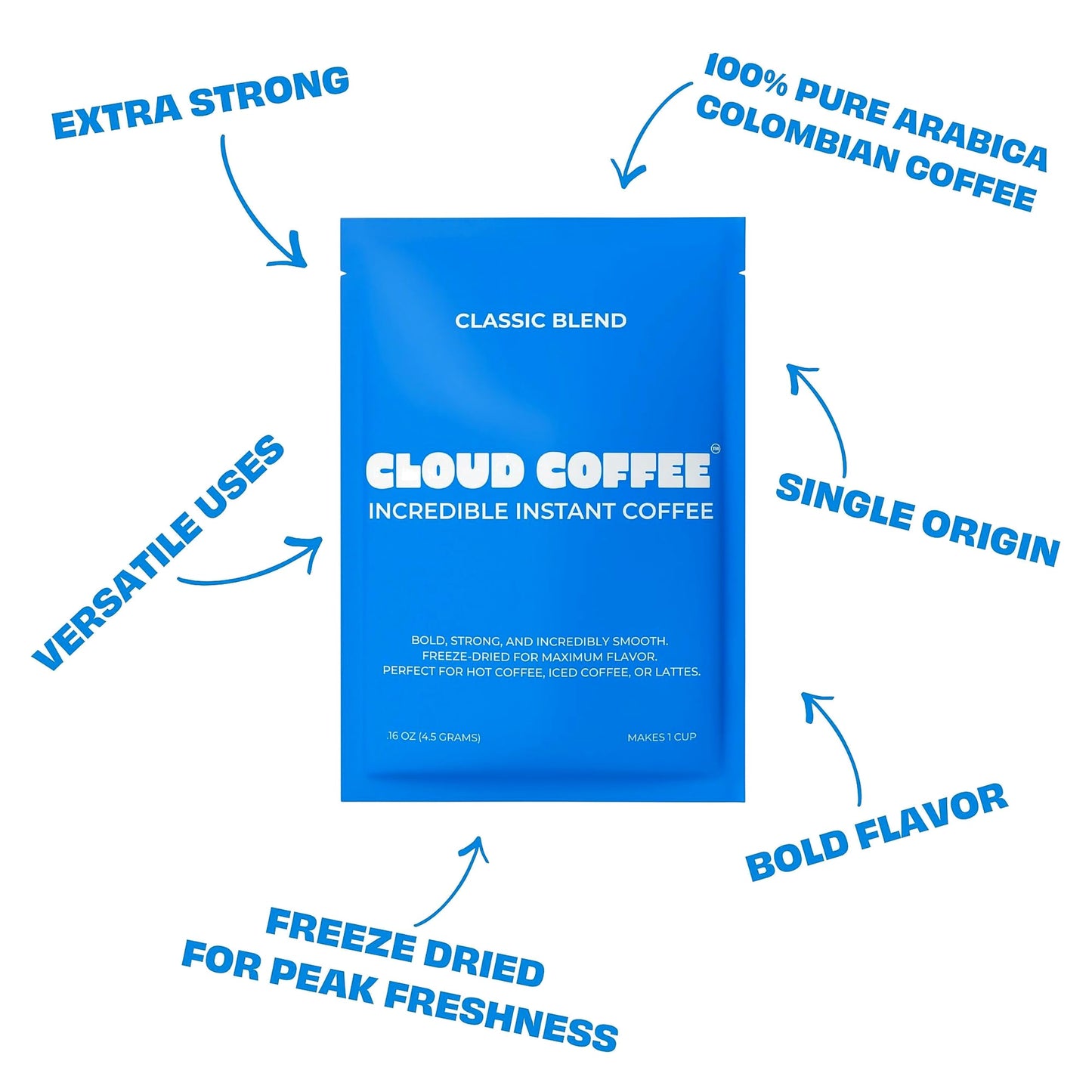 Cloud Coffee Bold and Strong Premium Freeze Dried Instant Coffee, 6 Extra Large Single-Serve Packets