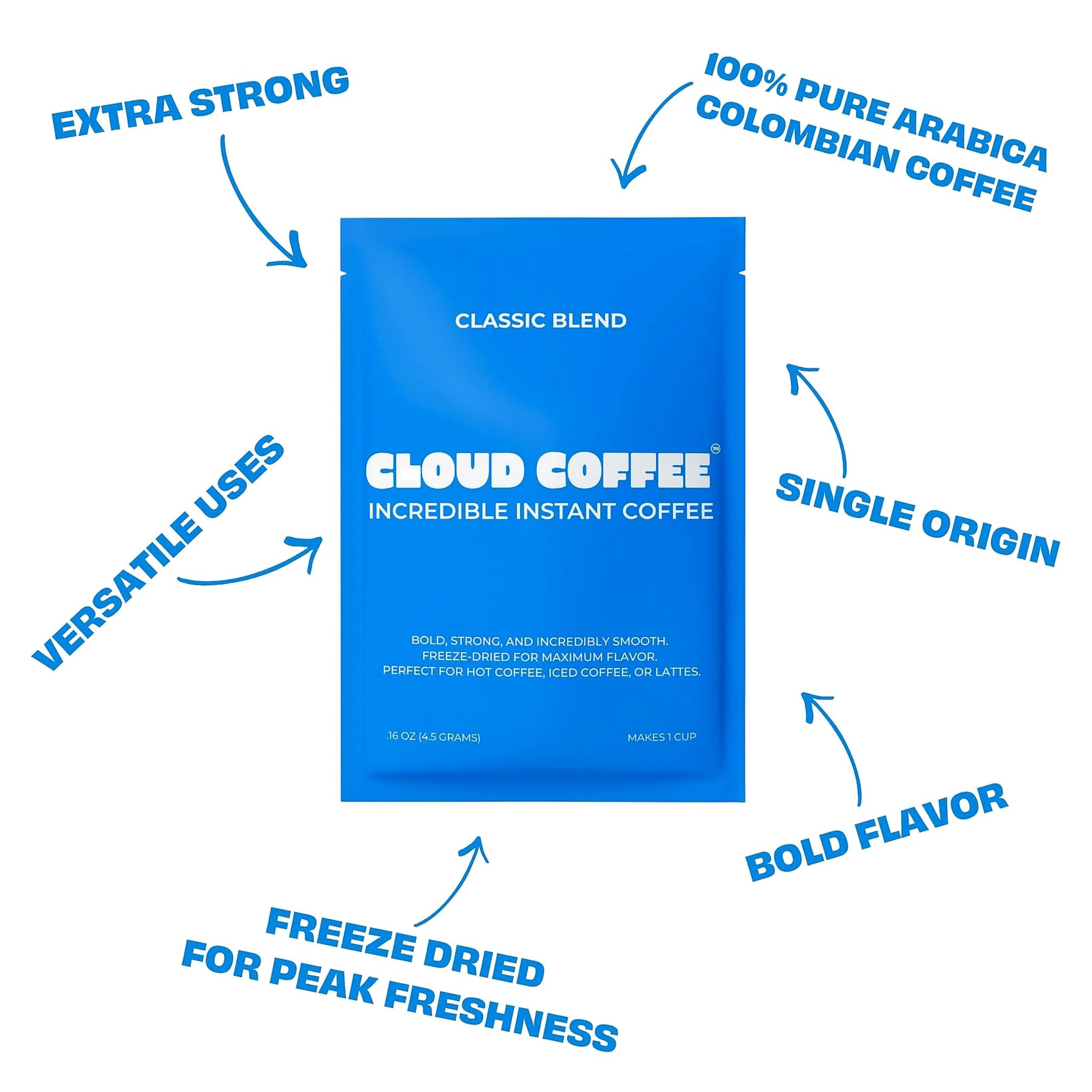 Cloud Coffee Bold and Strong Premium Freeze Dried Instant Coffee, 6 Extra Large Single-Serve Packets