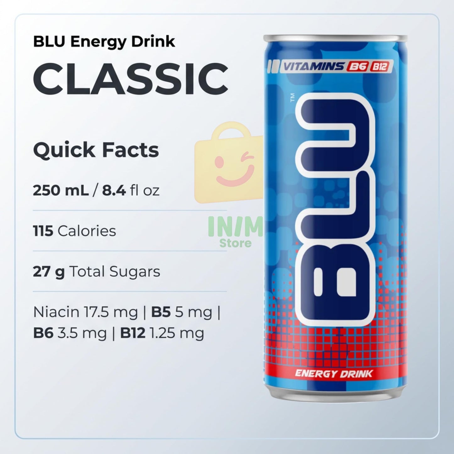 BLU Classic Energy Drink, 12 Pack Slim Cans, 8.4 fl oz (250 mL) Each, Bundle by INIM Store