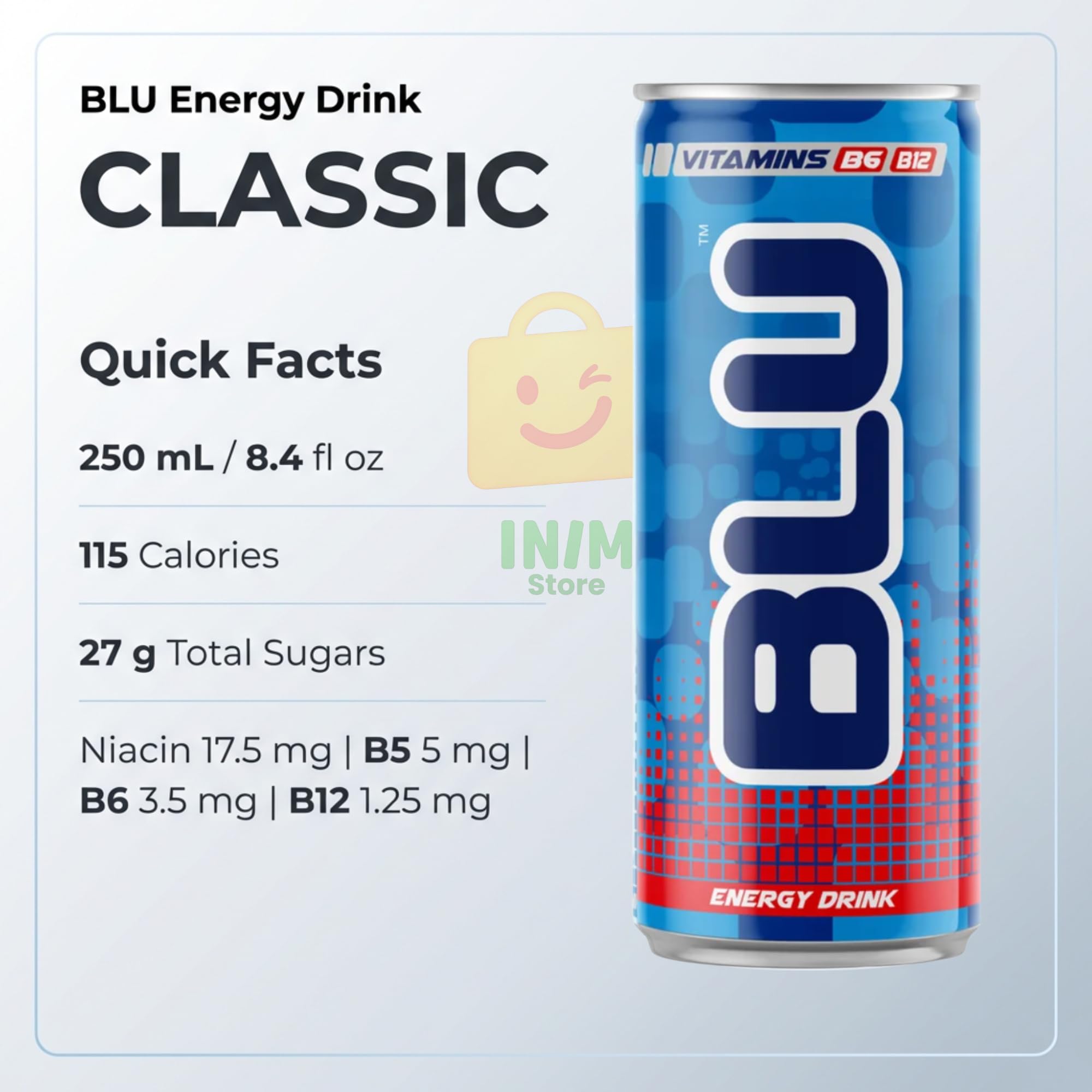 BLU Classic Energy Drink, 12 Pack Slim Cans, 8.4 fl oz (250 mL) Each, Bundle by INIM Store