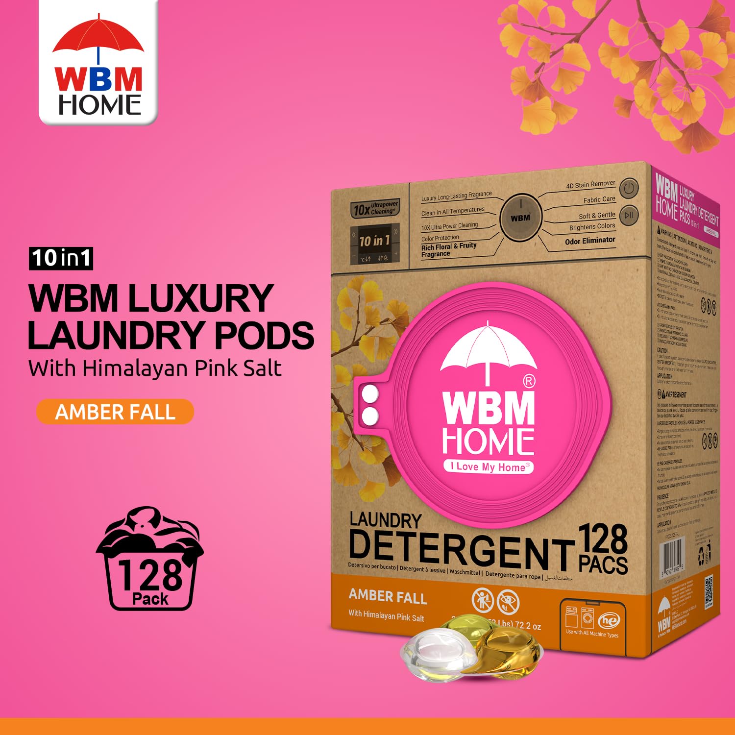 WBM Home Laundry Detergent Pods, Total 128 Count | Amber Fall Fragrance | 10 in 1 Laundry pods Detergent Ultra Power Cleaning with Plant-Based Scent