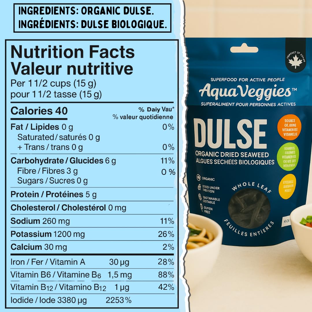 Aqua Veggies Organic Dulse Whole Leaf - Sun-Dried Atlantic Seaweed from Bay of Fundy - Iodine-Rich Vegan Superfood - B6, B12, Iron, Calcium, Magnesium