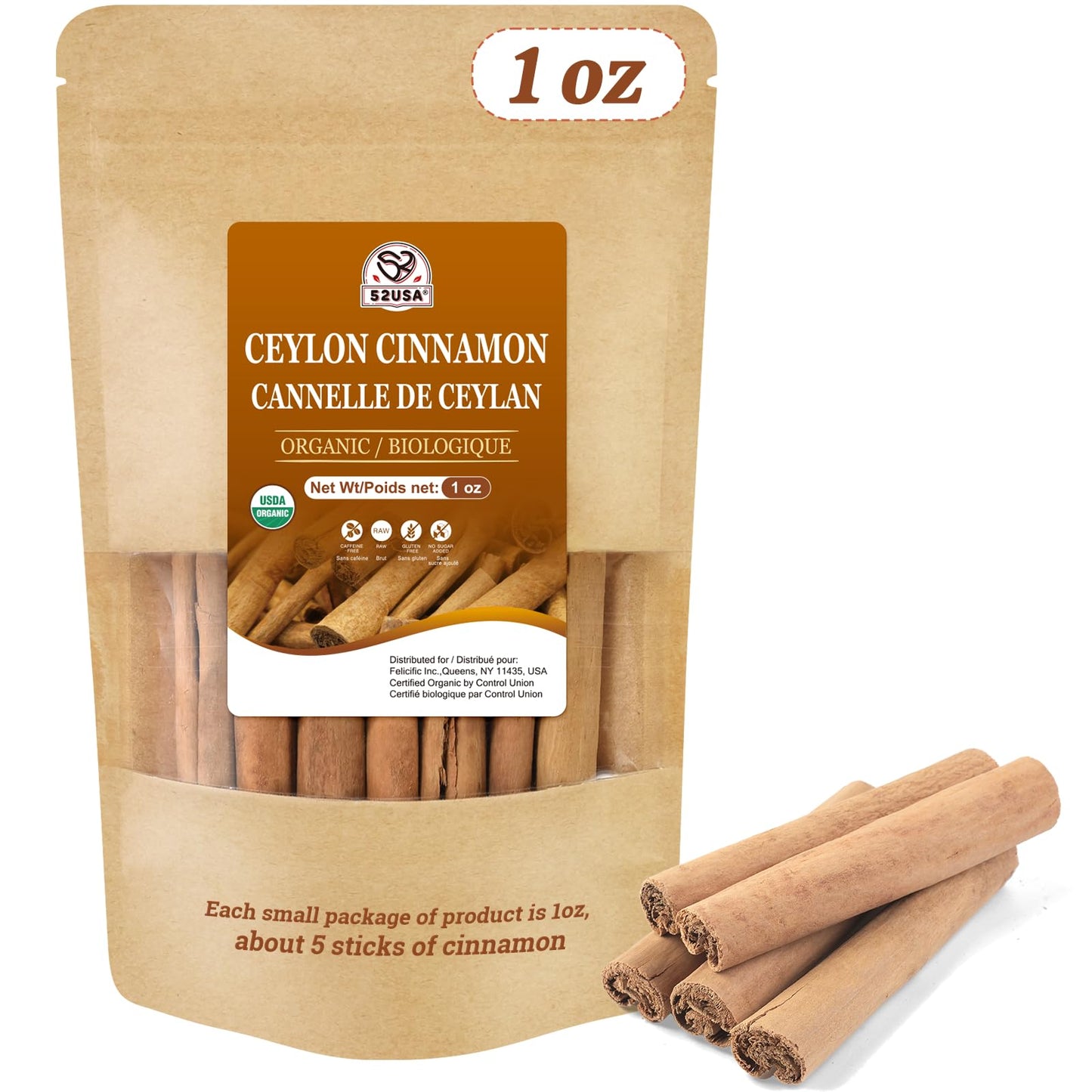 52USA Organic Ceylon Cinnamon Sticks, 1 Ounce (Pack of 1), True Cinnamon Farmed in Sri Lanka, Whole Cinnamon Sticks Bulk, Vegan, Non GMO, 28g