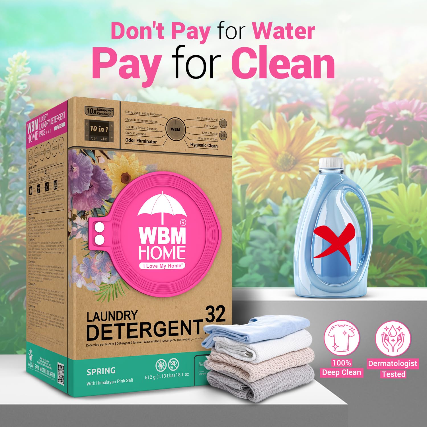 WBM Home Laundry Detergent Pods, Spring Fragrance Scent, 32 Count - HE Concentrated Laundry Pods with 10x Ultra Power Cleaning and 4D Laundry Stain